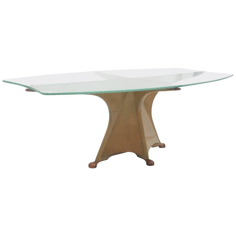 Gaudi inspired dining table by Oscar Tusquets Blanca, Spain, 1985
Painted wood base, etched glass top and bronze feet. Manufactured by Casas.
(This is the first edition of this model as it was later produced in Aluminum.)

Spanish architect and