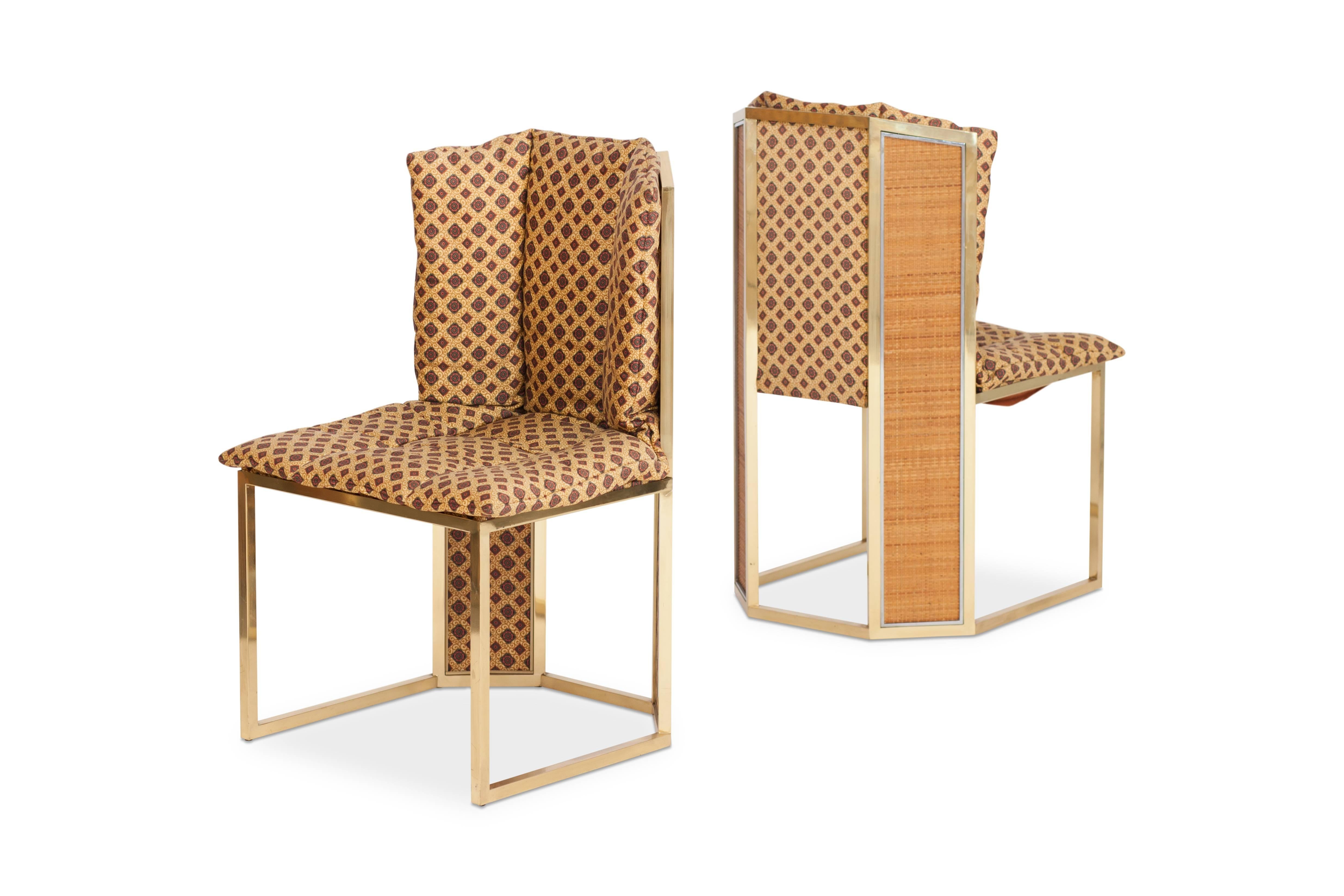 Mid-Century Modern tropicalism dining chairs in brass and wicker.

Romeo Rega in the style of Gabriella Crespi
in original satin fabric

On demand we can reupholster these in our studios if you like anything different
Measures: H 90, W 51, D