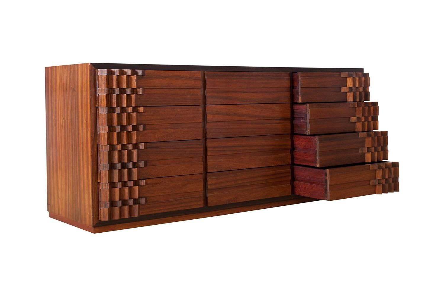 Italian Mid-Century Modern Brutalist Luciano Frigerio Chest of Drawers in Walnut