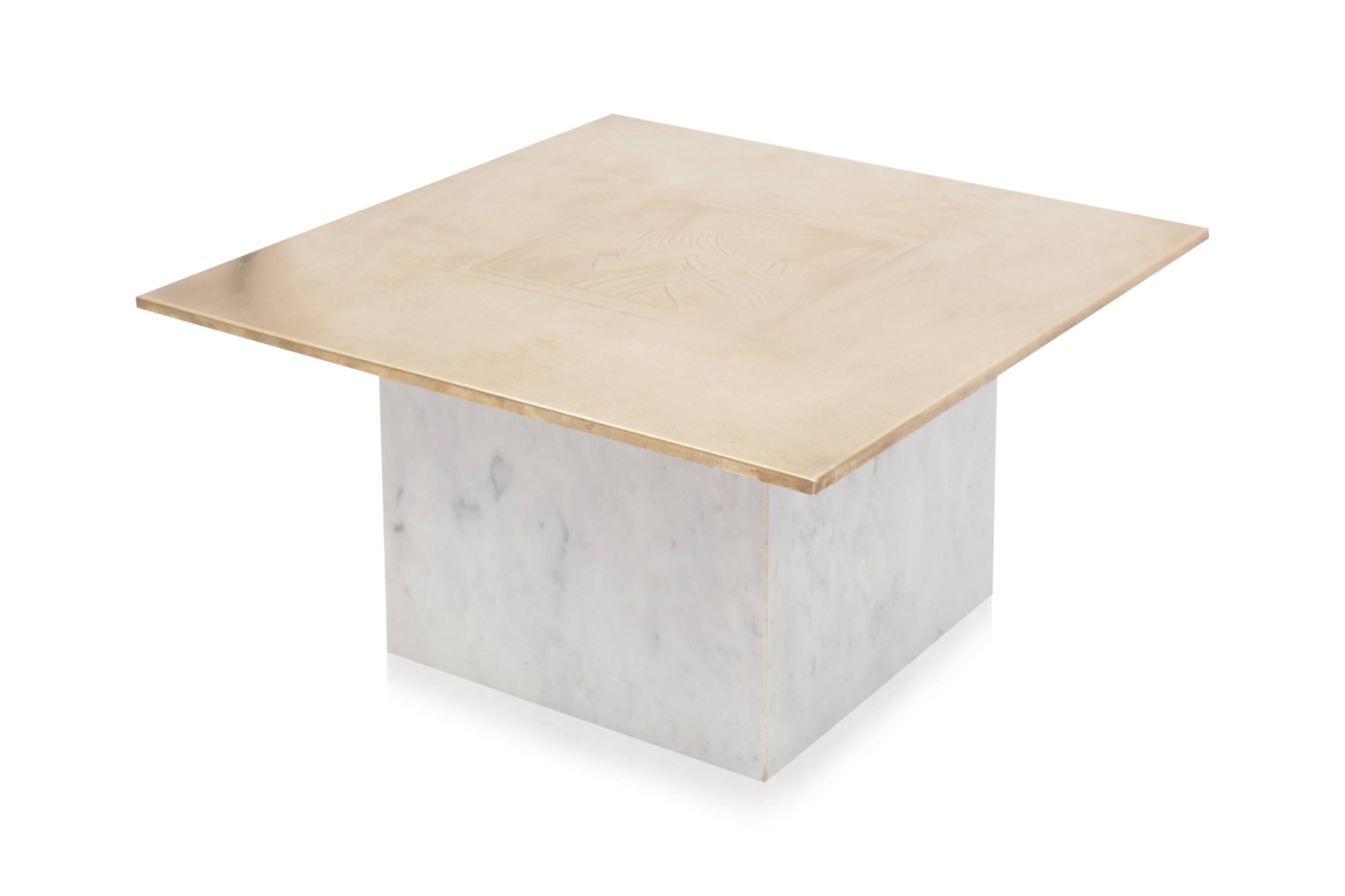 Brass etched side table on white Carrara marble base
signed by the artist in 1979
typical Belgian artwork table in the likes of Heckscher, Matthias, Chale, Lova Creation, etc.
Measures: L 60 cm, D 60 cm, H 40 cm.
   