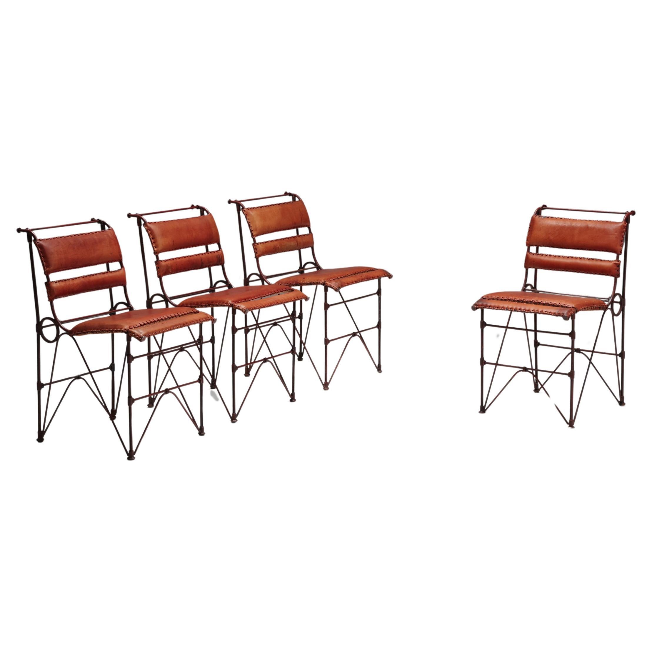Dining Chairs in Cognac Leather and Steel, France, 1950s For Sale