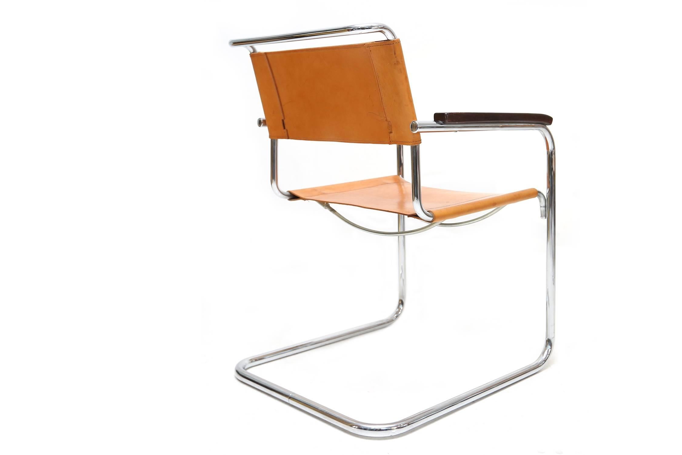 Cantilever chrome-plated tubular steel chair
Cognac Leather seating
Model B34  Marcel Breuer  Thonet
H 85 cm W 44 cm D 40 cm