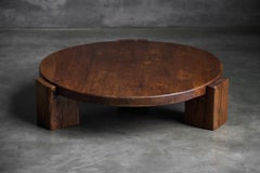 Brutalist Round Oak Coffee Table - Mid-20th Century