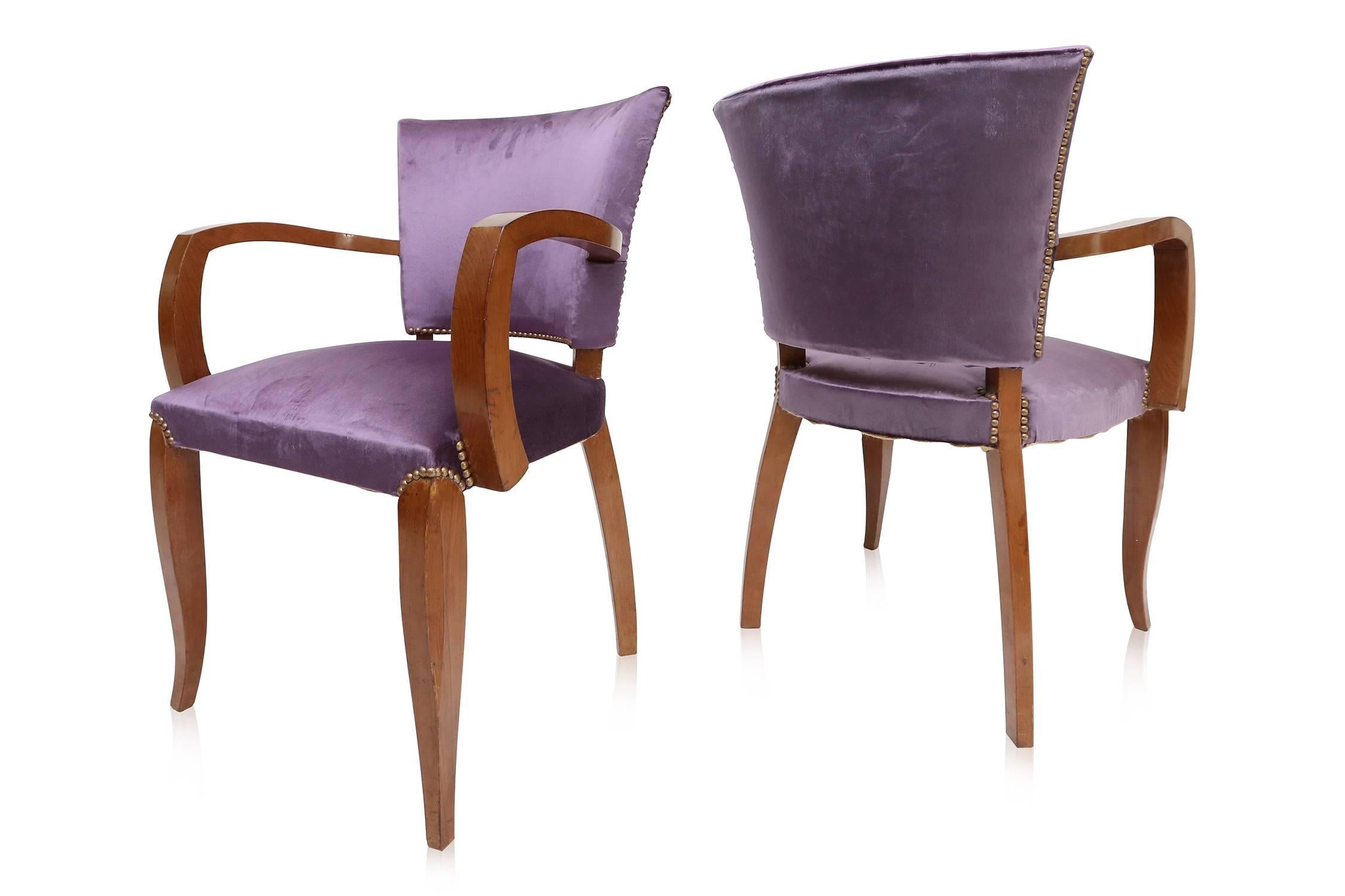 Mid-20th Century Mahogany Art Deco armchairs with purple velvet upholstery