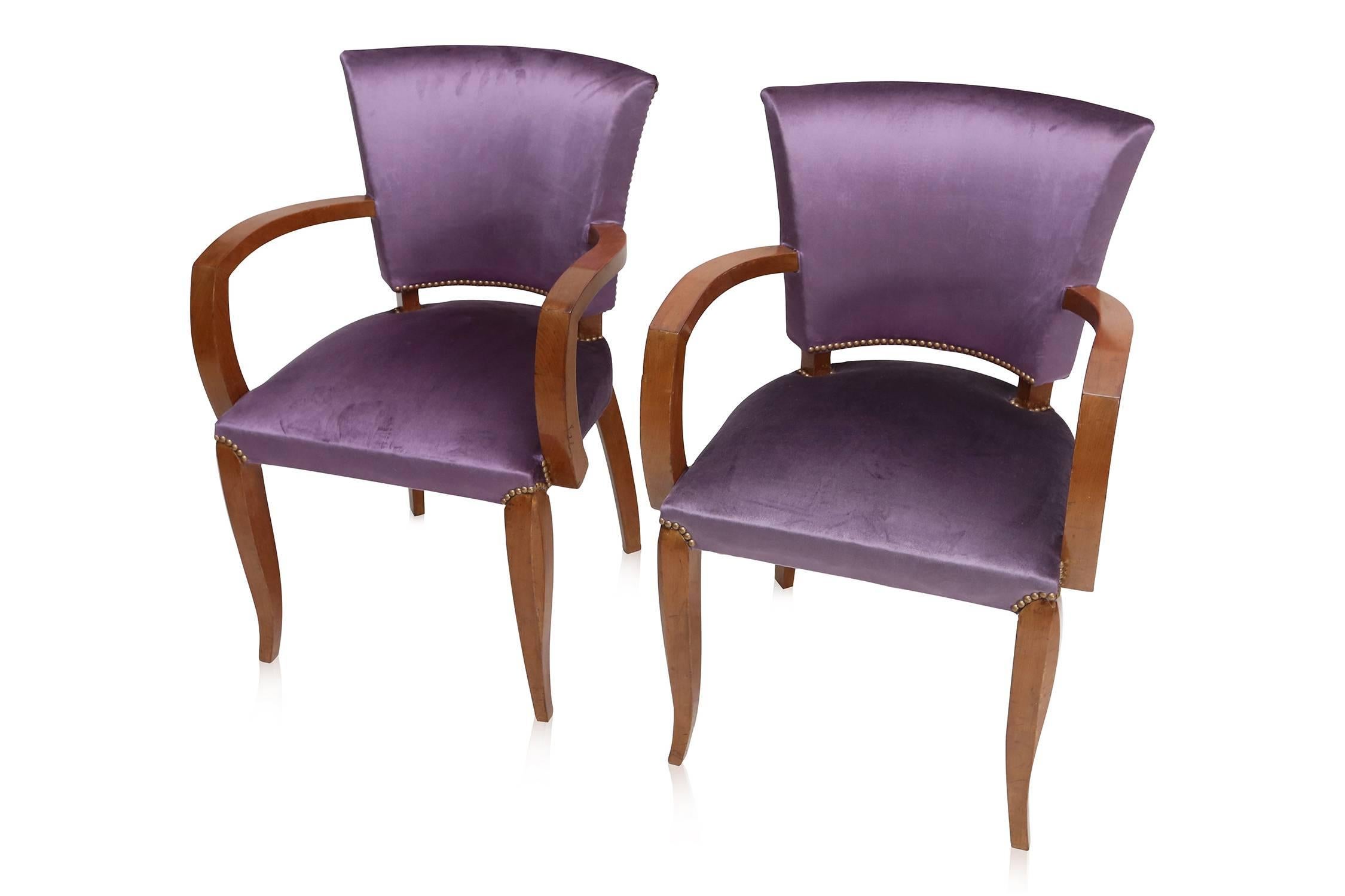 Upholstery Mahogany Art Deco armchairs with purple velvet upholstery