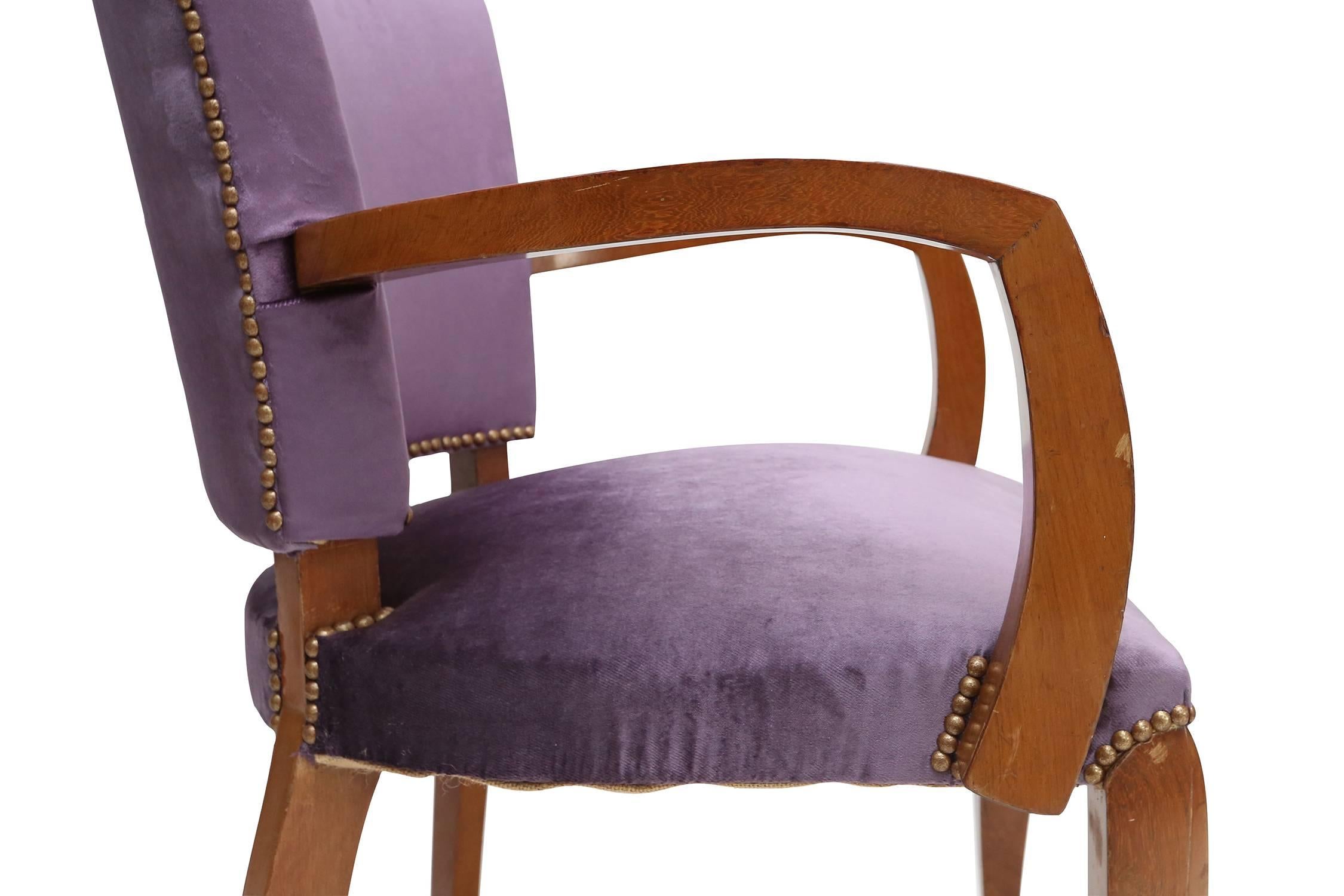 Mahogany Art Deco armchairs with purple velvet upholstery 1
