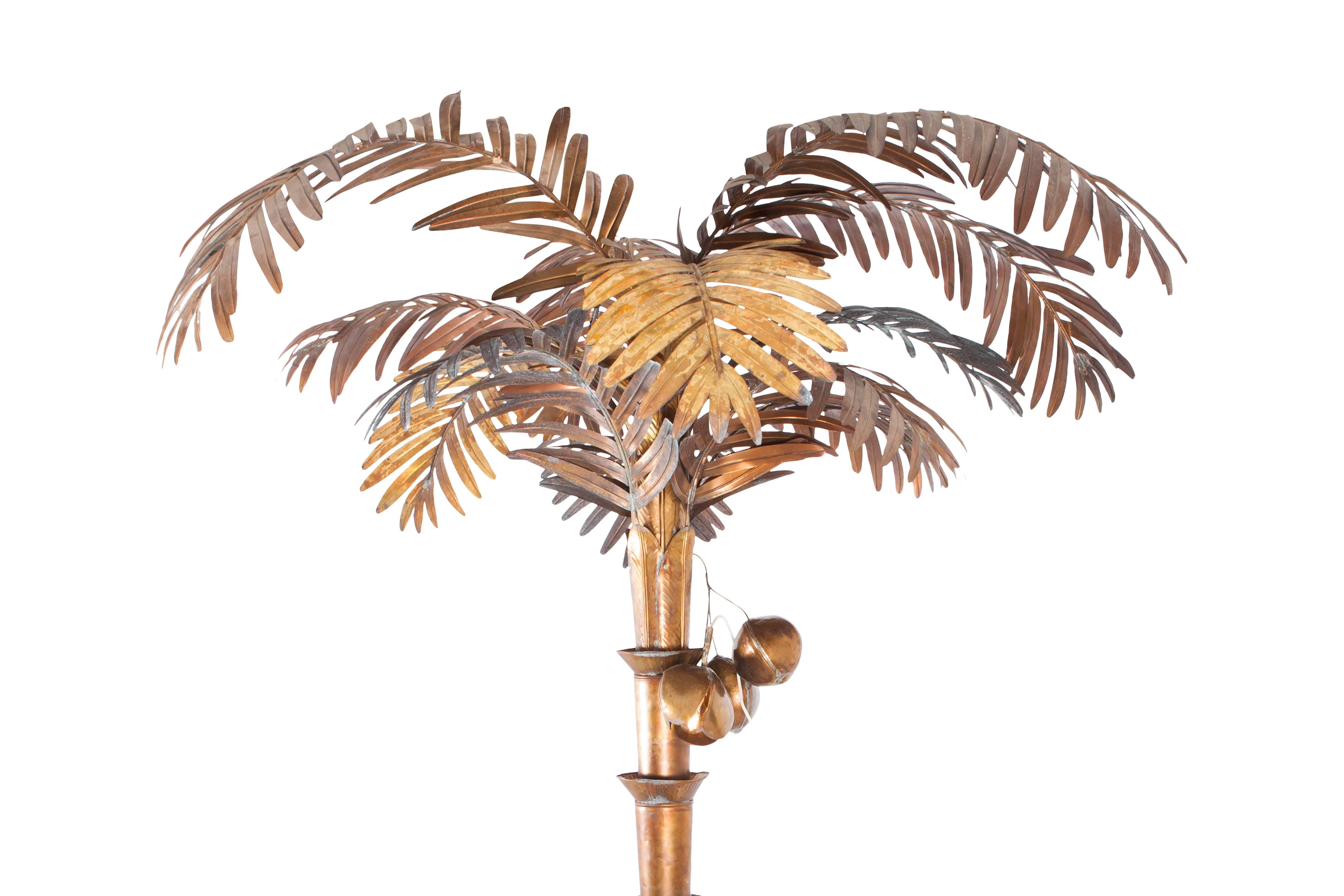Palm tree floor lamp.
Brass-plated metal.
Coco nut lights.
1980s super decorative item
Measures: H 230 cm x Ø 110 cm.