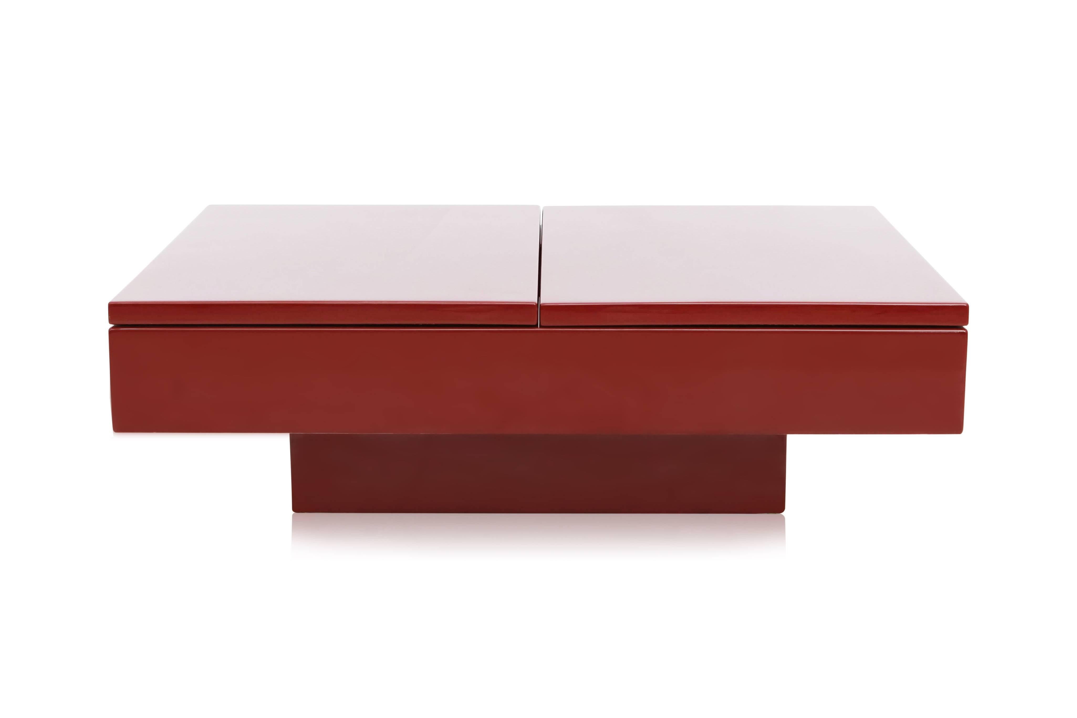 Hollywood Regency Red Lacquered hidden Bar Coffee Table by Jean Claude Mahey