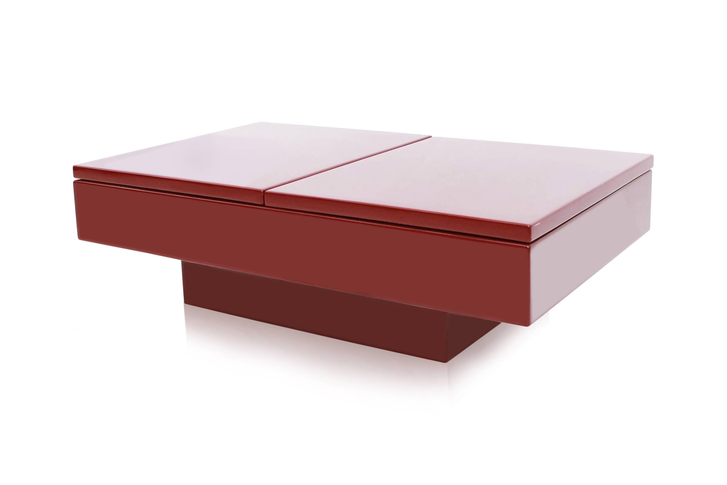 French Red Lacquered hidden Bar Coffee Table by Jean Claude Mahey