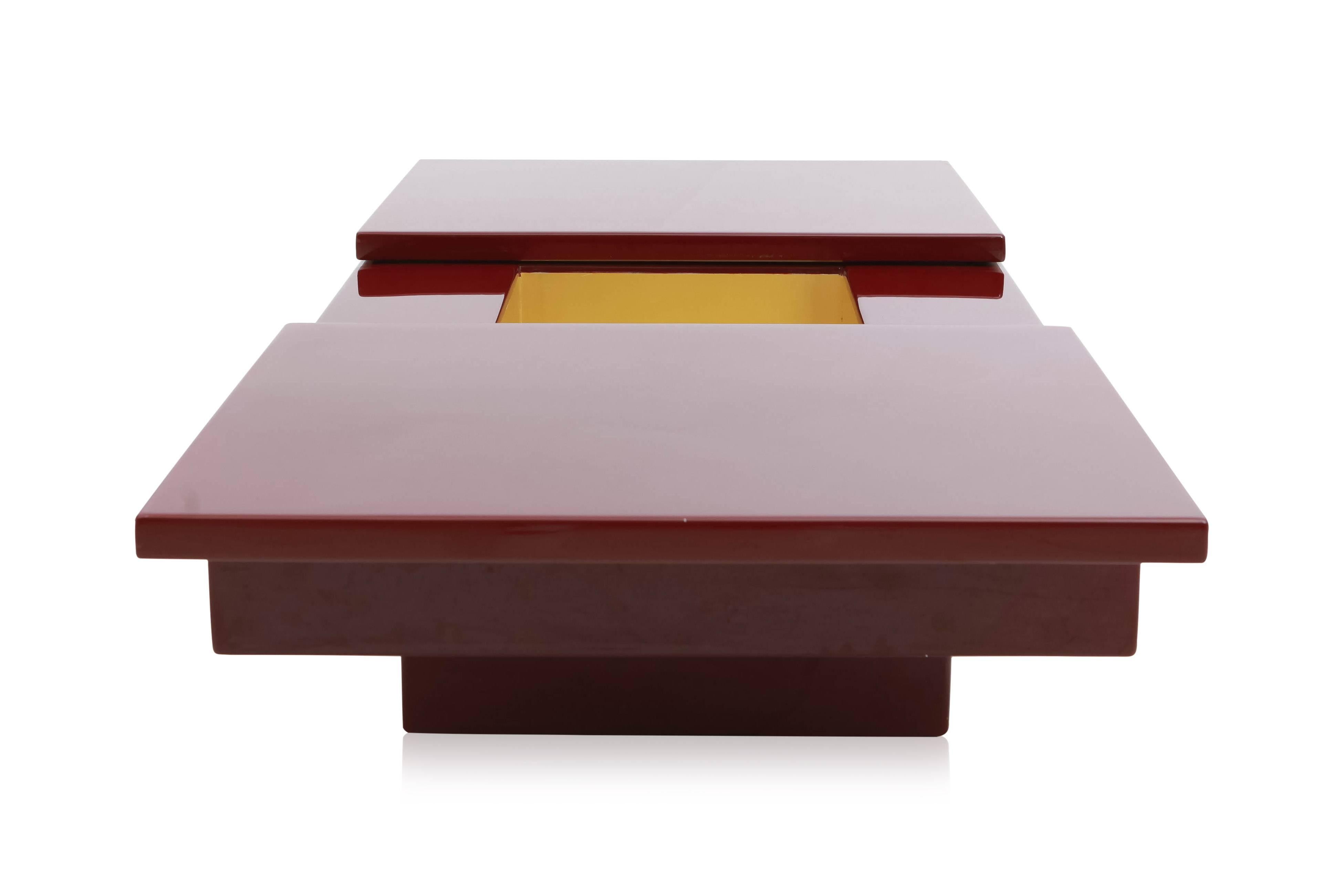 Red Lacquered hidden Bar Coffee Table by Jean Claude Mahey In Good Condition In Antwerp, BE