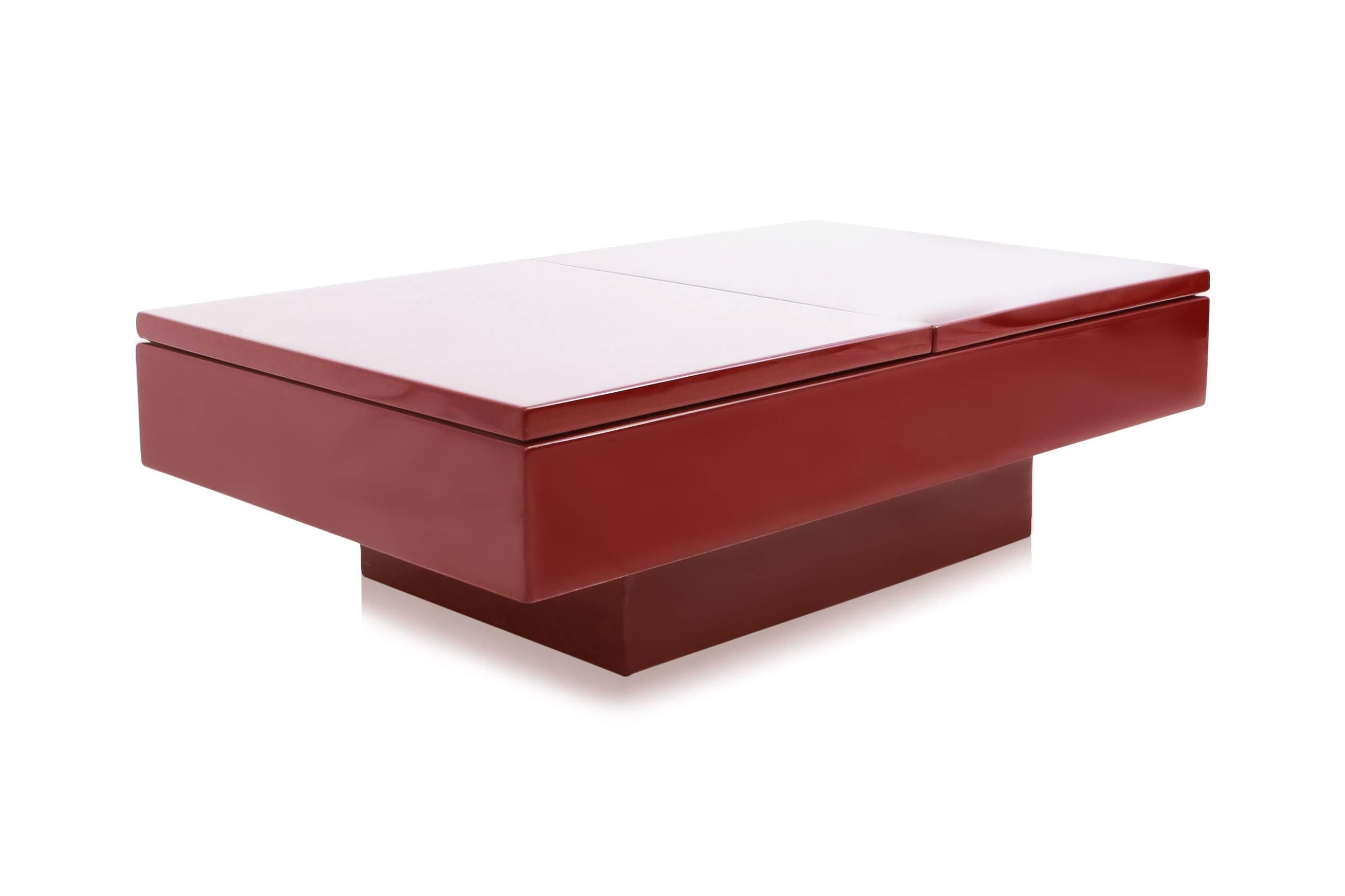 Brass Red Lacquered hidden Bar Coffee Table by Jean Claude Mahey
