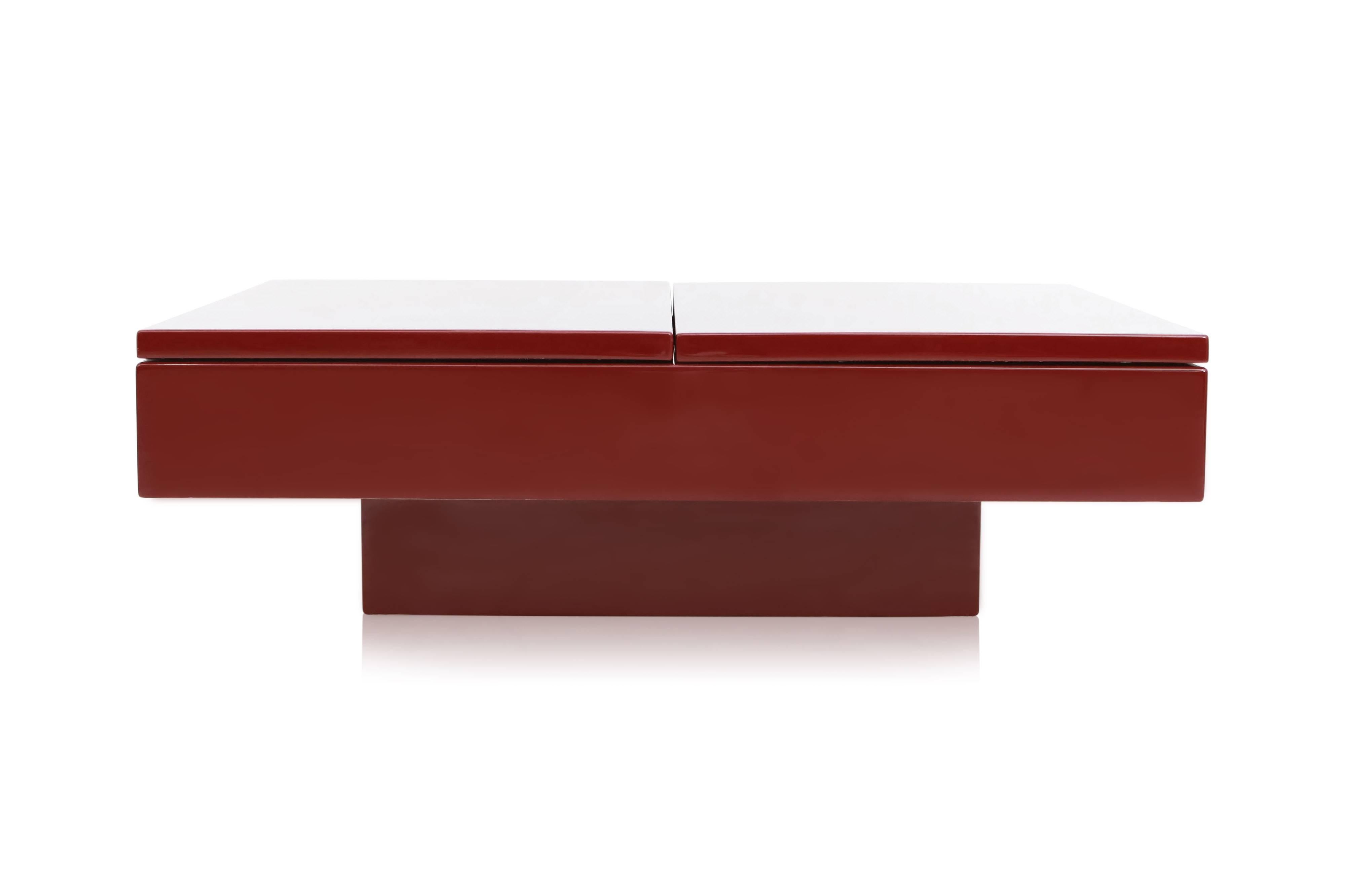Red Lacquered hidden Bar Coffee Table by Jean Claude Mahey 1