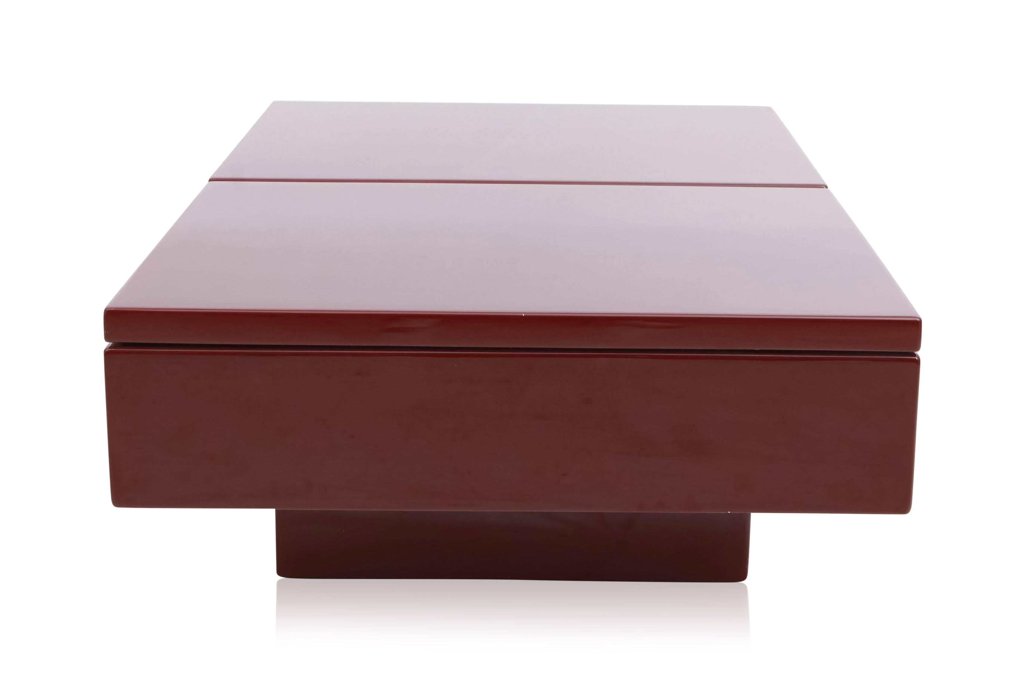 Red Lacquered hidden Bar Coffee Table by Jean Claude Mahey 2