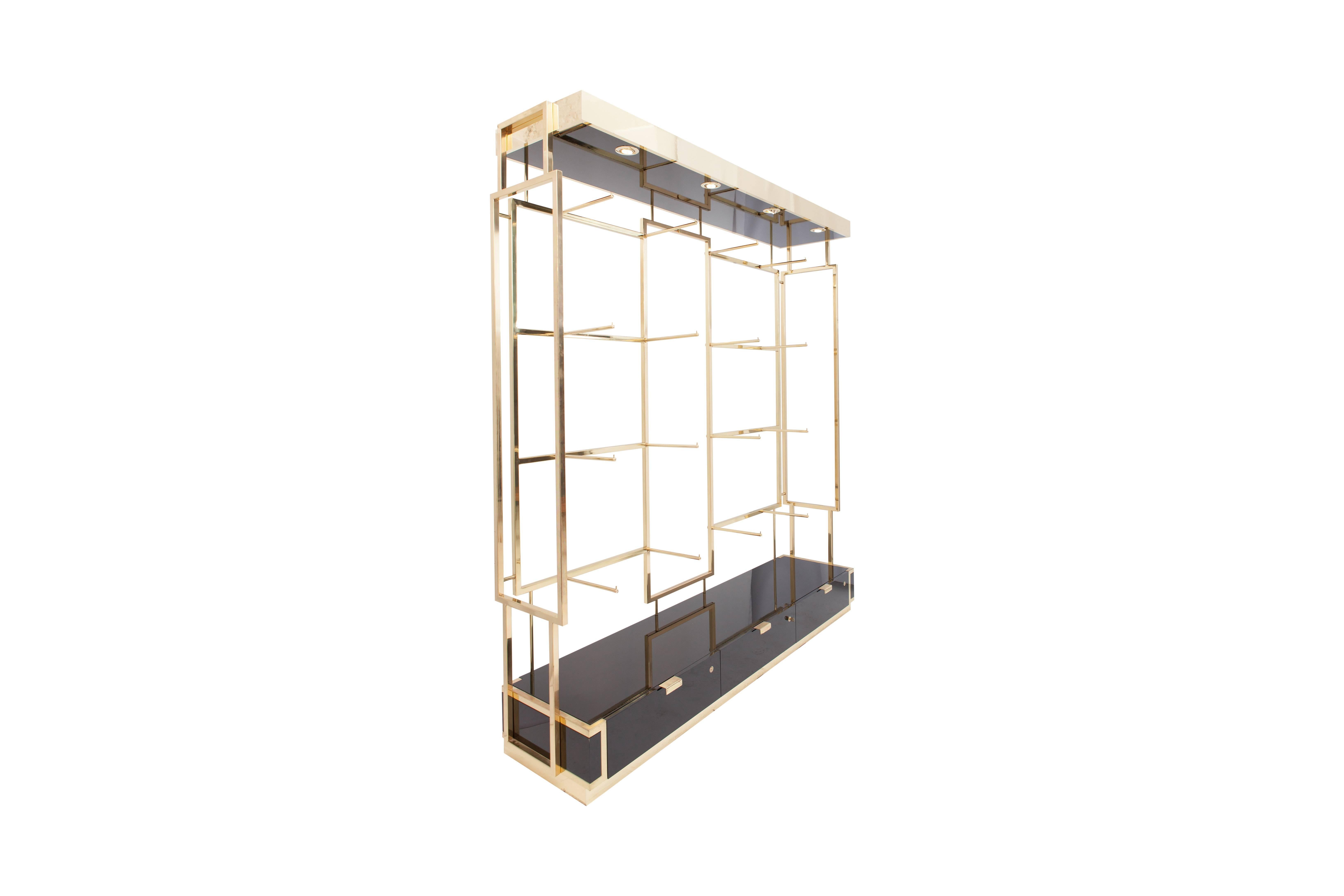 Hollywood Regency Black Lacquered and Brass Étagère Display Unit