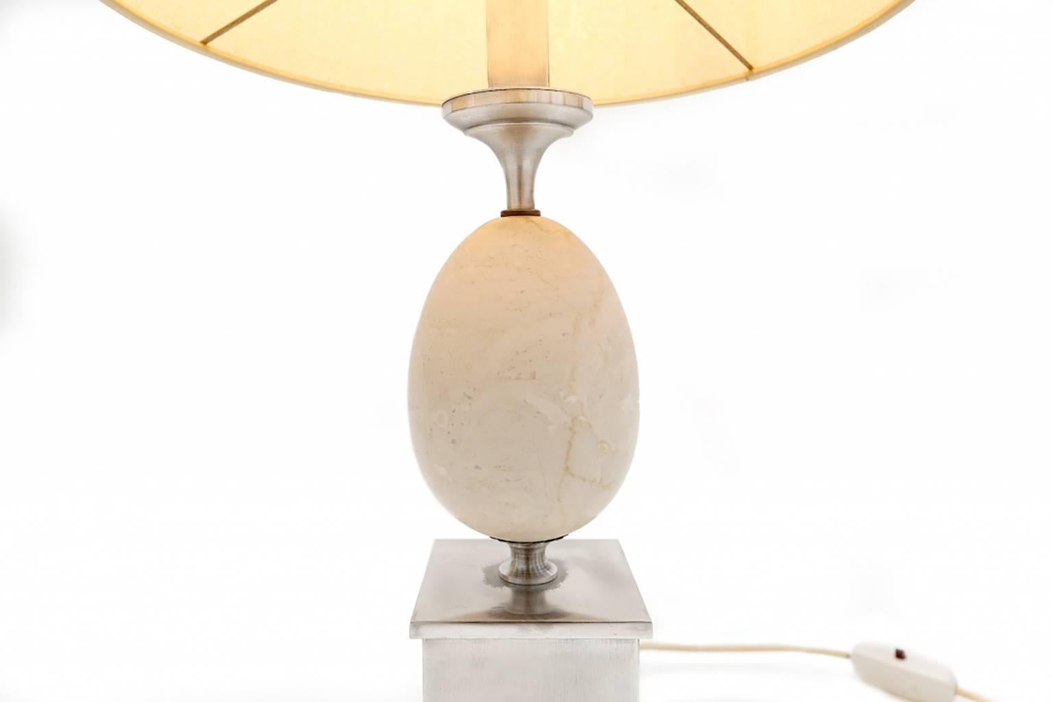 French Travertine & chrome pair of lamps, Table lamp, Hollywood Regency, France, 1970's