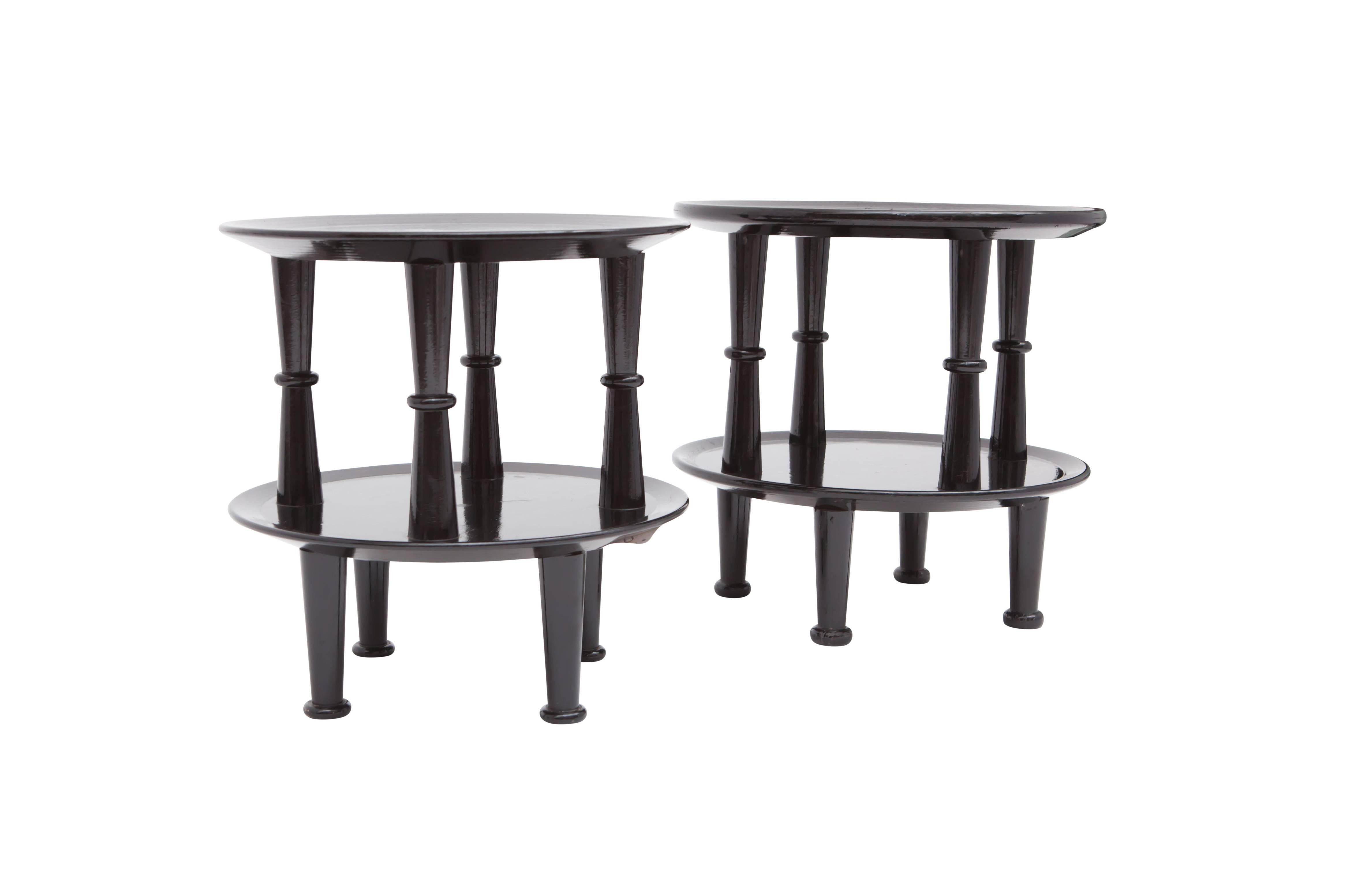 Hollywood regency style  decorative and chic side tables.
Black lacquered frame.
Italy, 1950s
The side tables are not a identical copy of each other
which adds even more character and uniqueness.
H 43 cm Ø 43 cm

this is not a set of four, but a set
