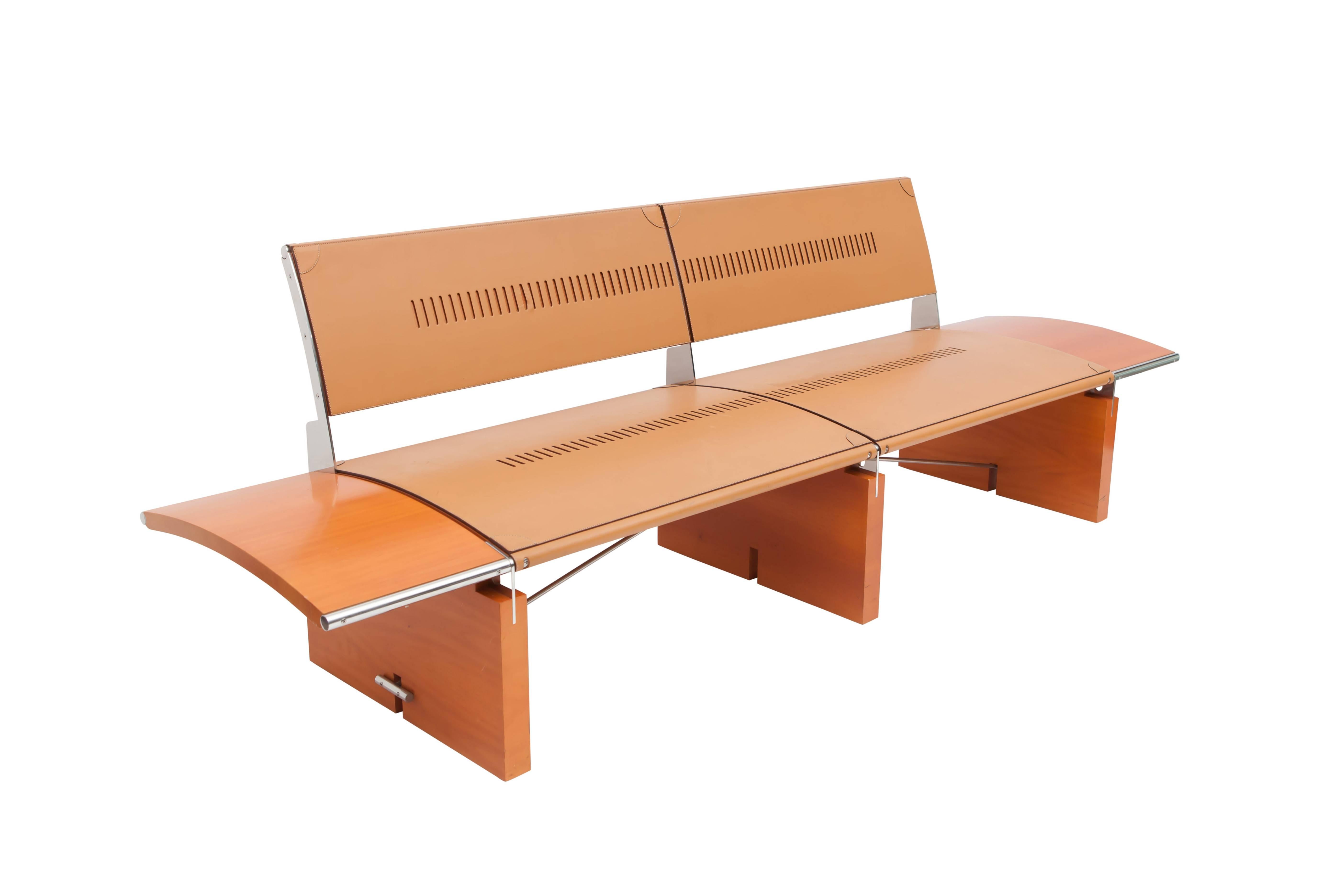Spanish Post-Modern luxury wood and natural leather 'Africa' bench by Tresserra 