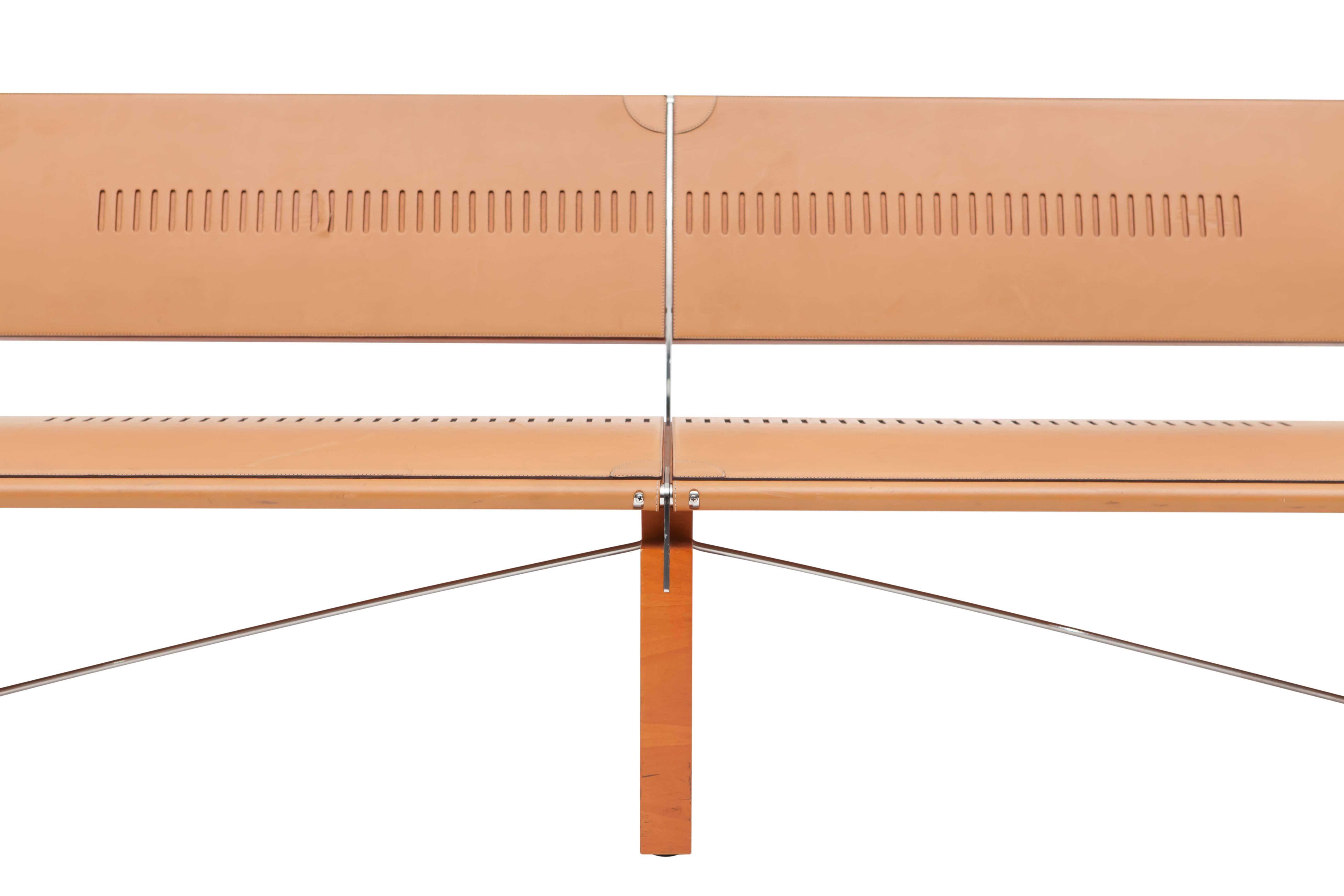 Stainless Steel Post-Modern luxury wood and natural leather 'Africa' bench by Tresserra 