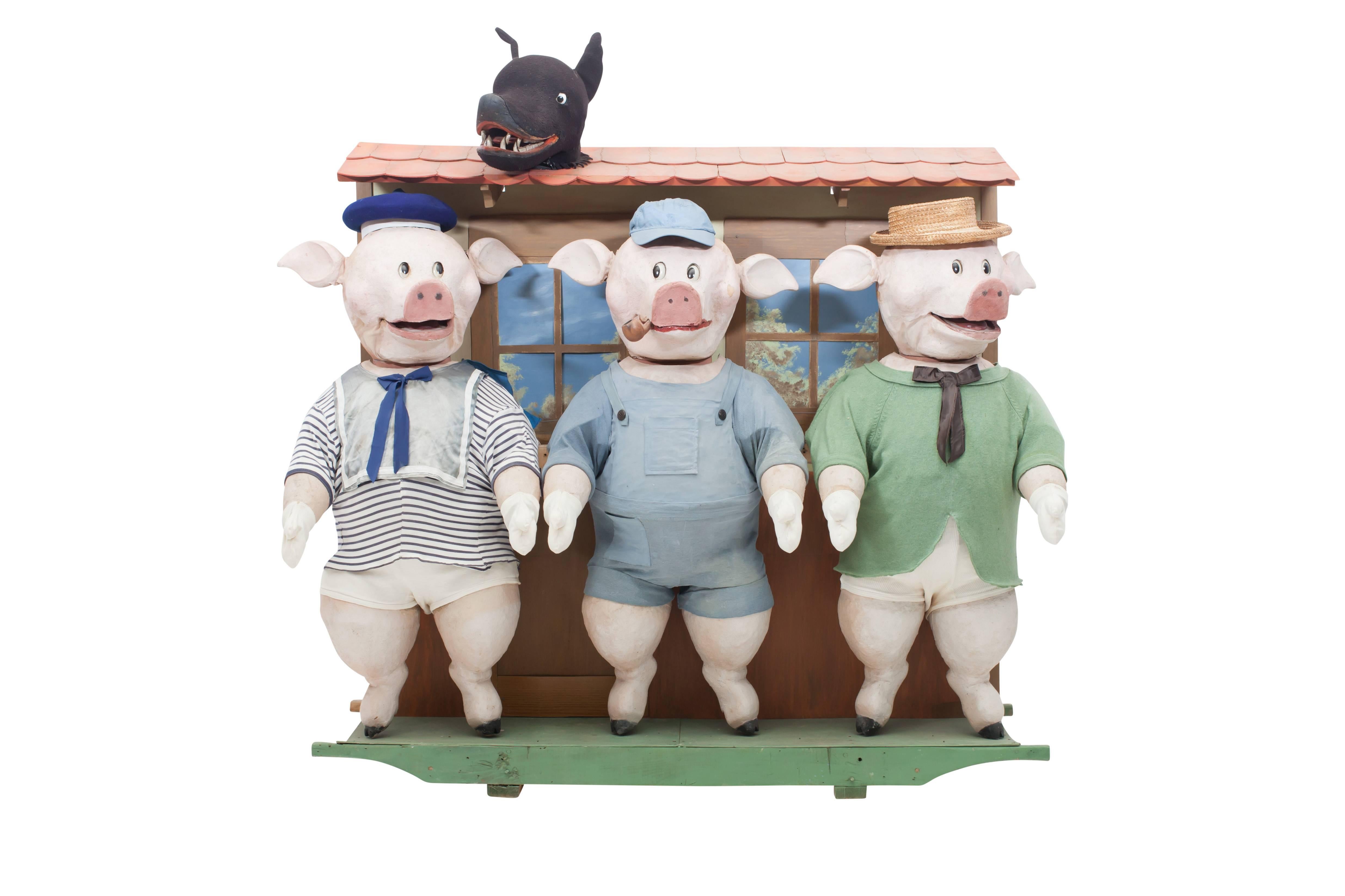 The three little pigs and the big bad wolf's movable puppetry piece.

A most rare item, depicting the famous fable by Joseph Jacobs.
A true story teller with a back system designed to control the pigs and wolf separately.

Italy, 1930s.

Measures: H