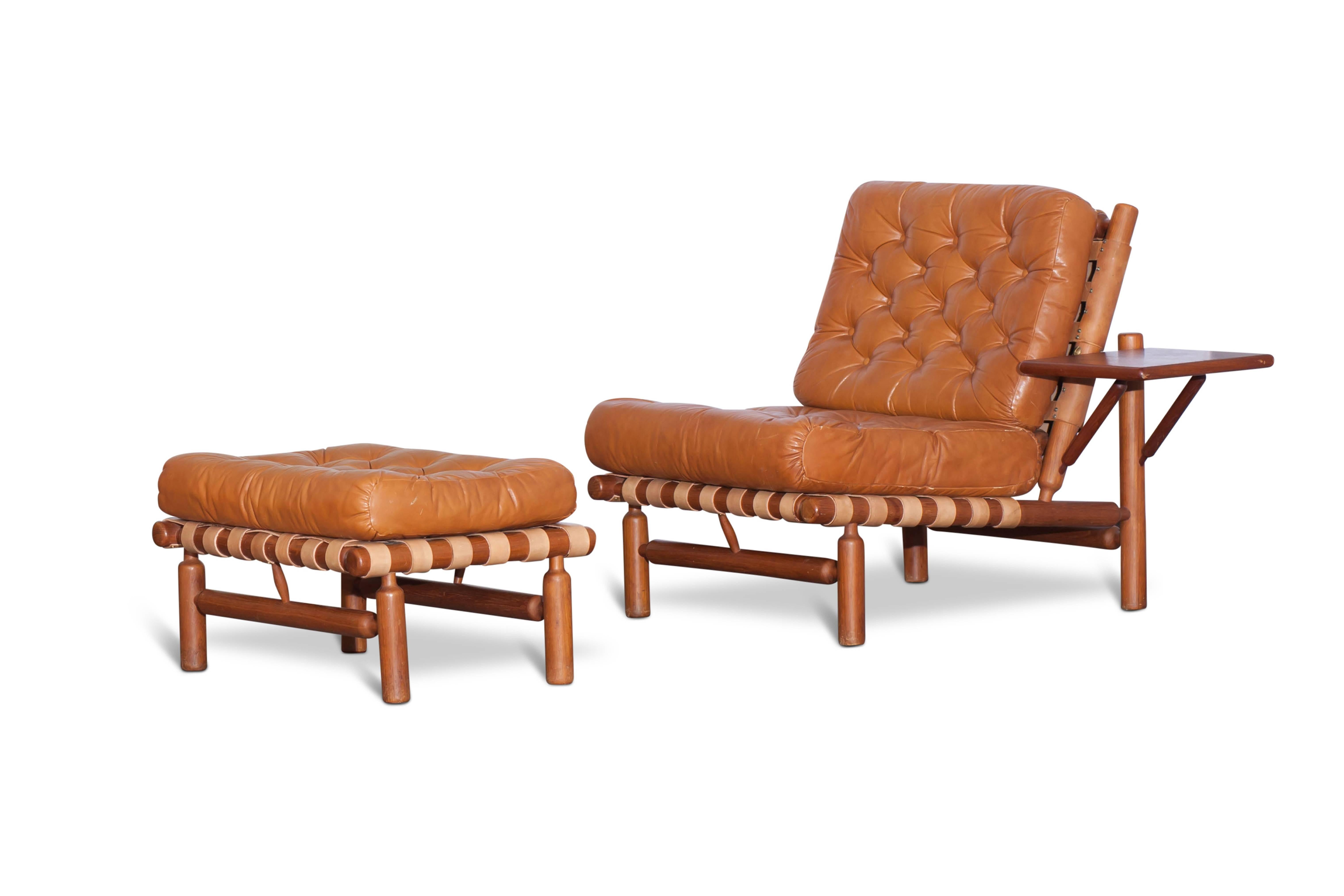 Ilmari Tapiovaara Patined Cognac Lounge Chair with Ottoman In Excellent Condition In Antwerp, BE