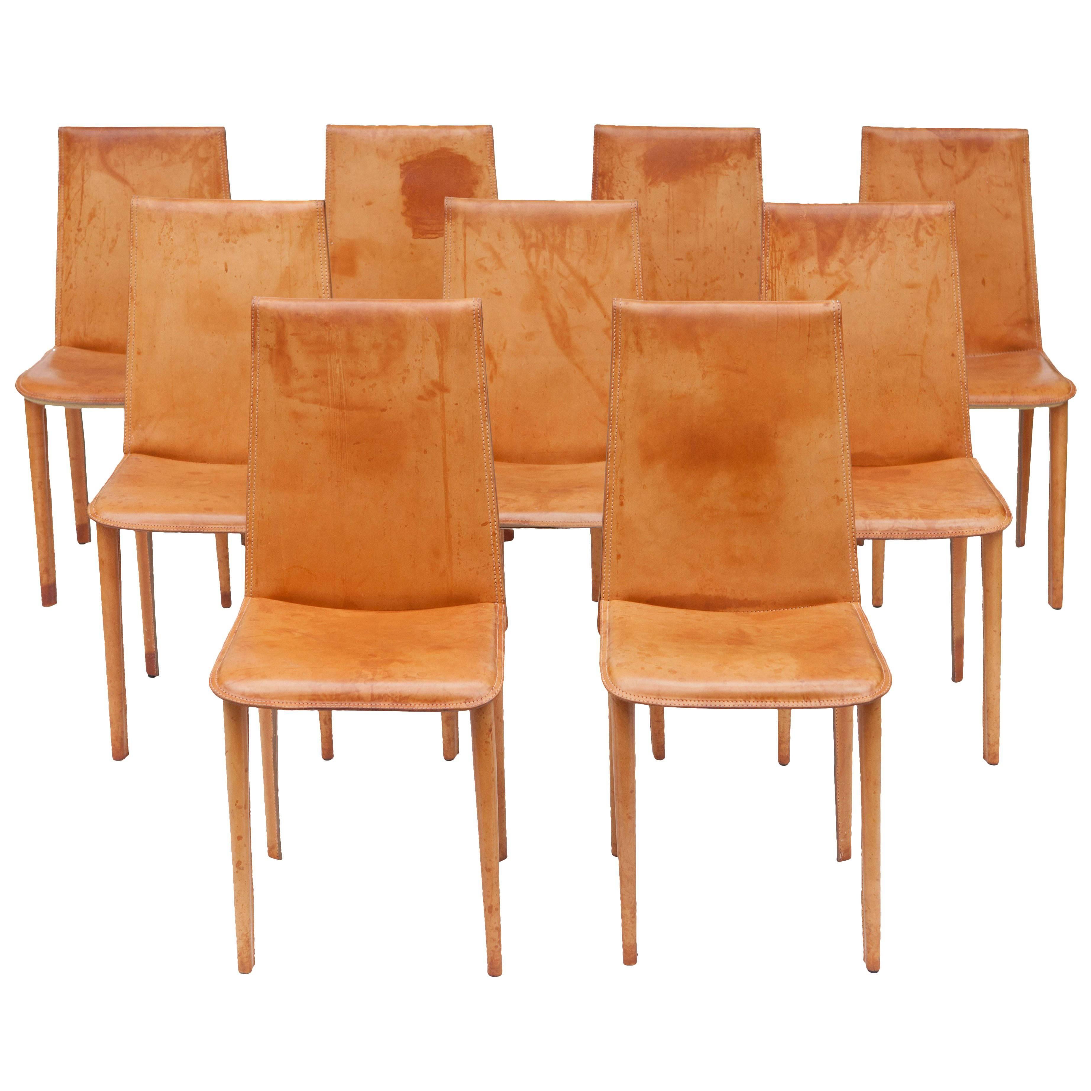Set of Nine Full Leather Italian Cognac Dining Chairs