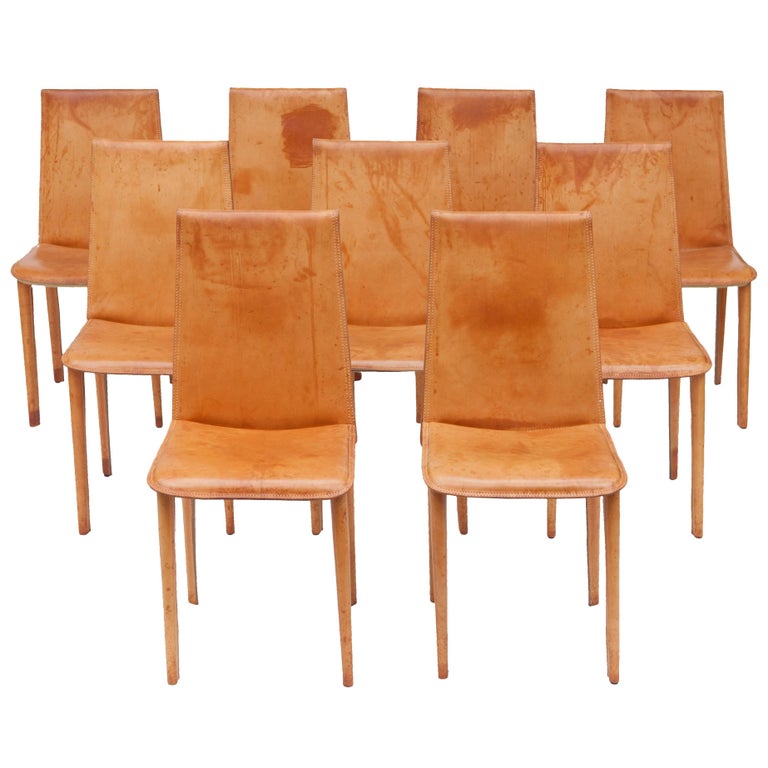 Set of Nine Full Leather Italian Cognac Dining Chairs at 1stDibs