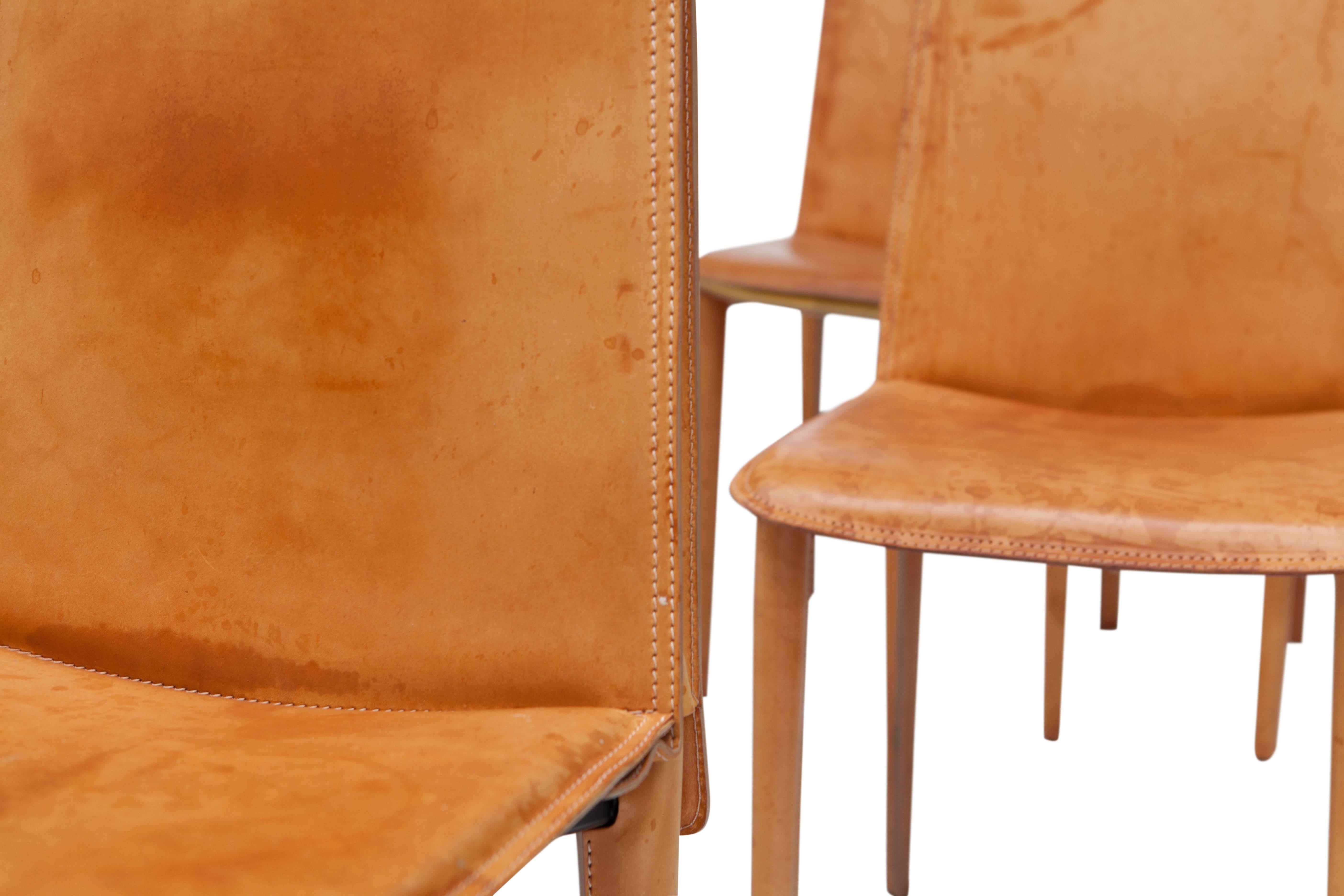 Mid-Century Modern Set of Nine Full Leather Italian Cognac Dining Chairs