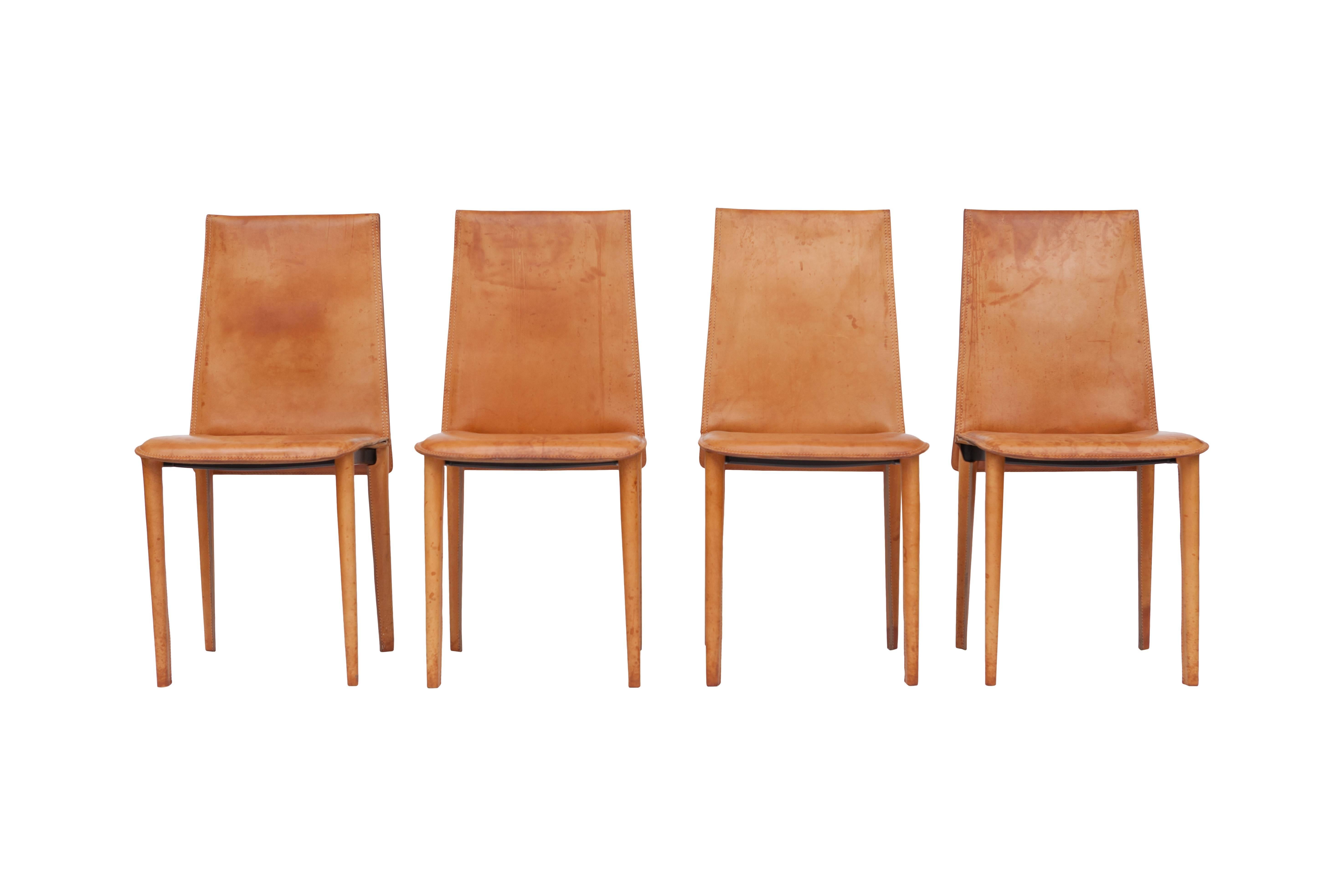Late 20th Century Set of Nine Full Leather Italian Cognac Dining Chairs