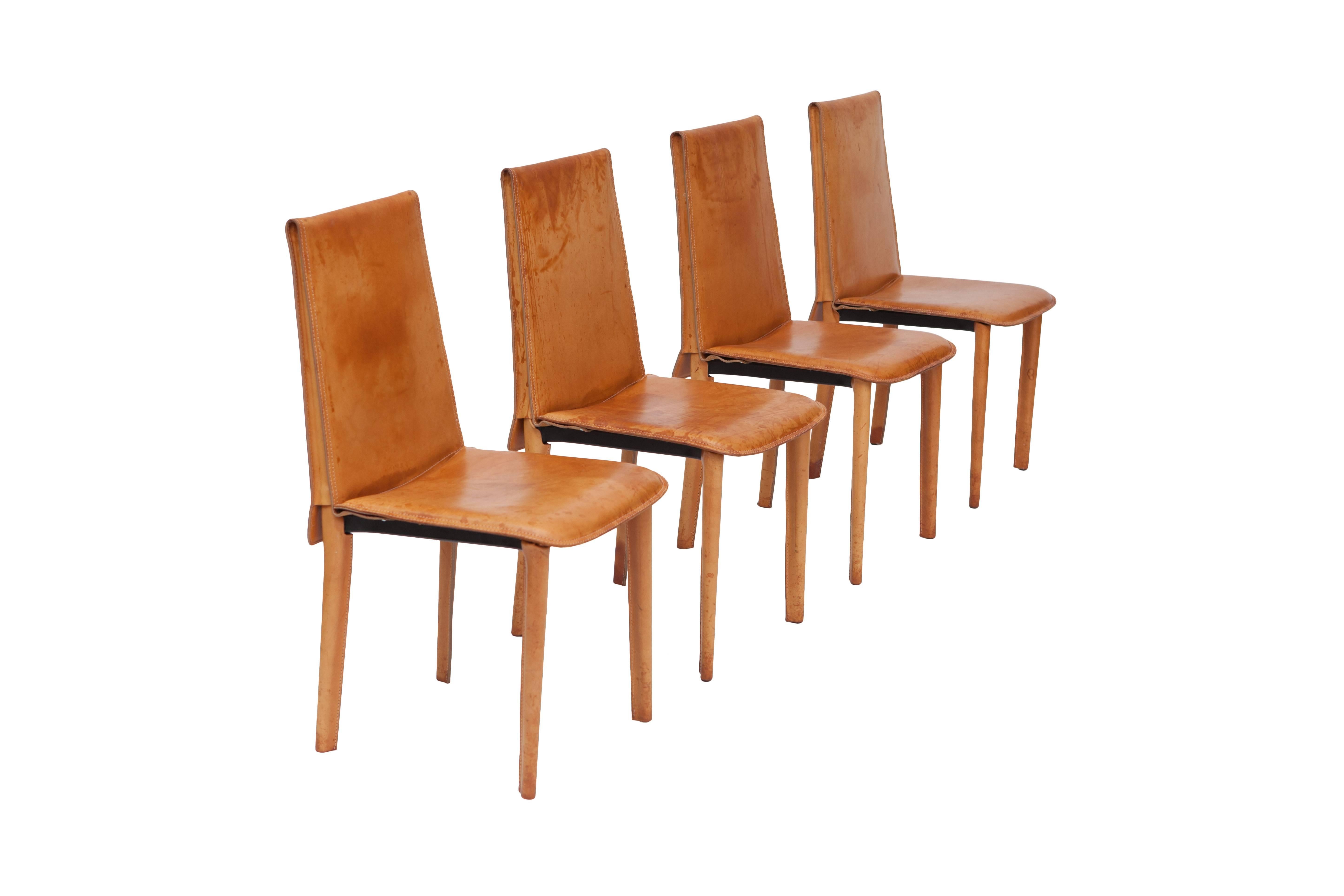Set of Nine Full Leather Italian Cognac Dining Chairs 1