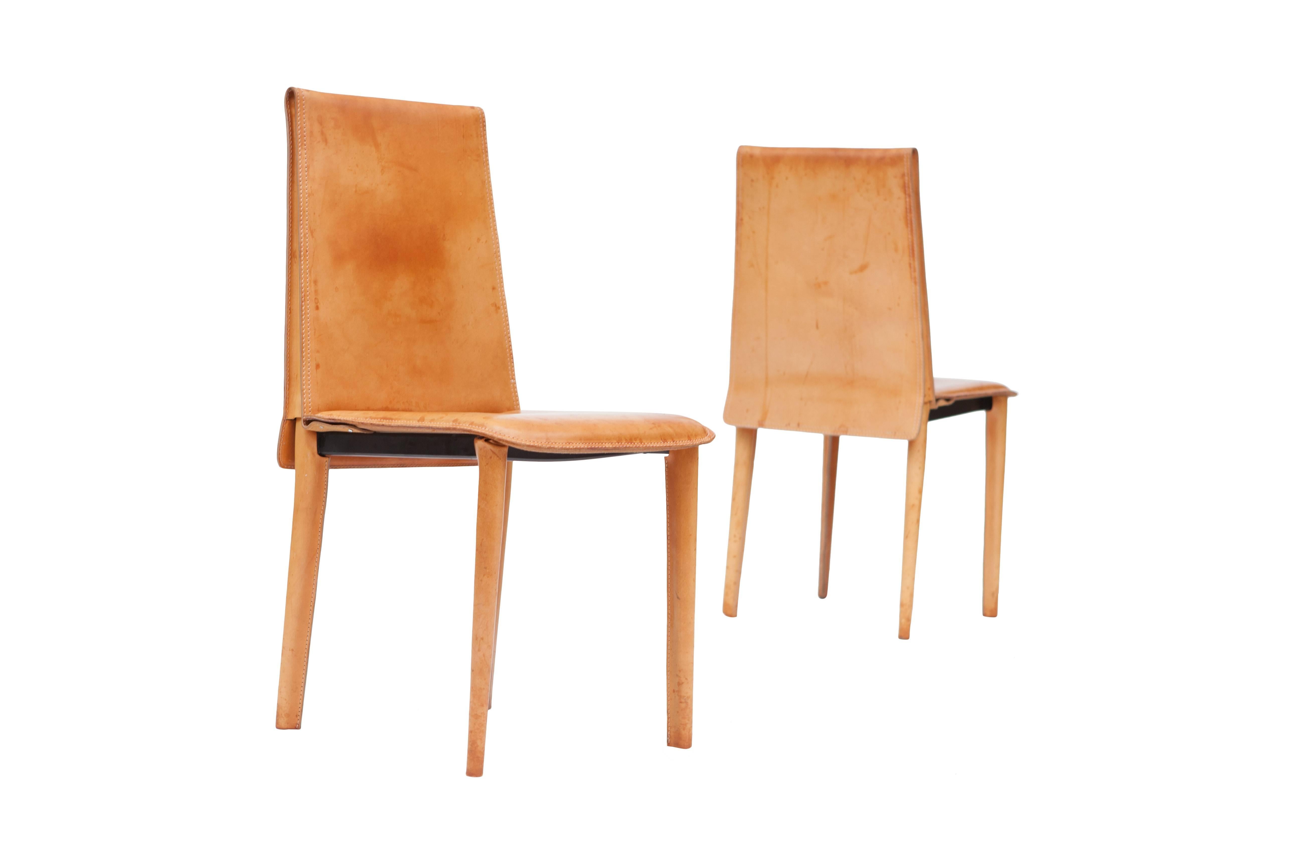 Set of Nine Full Leather Italian Cognac Dining Chairs 5