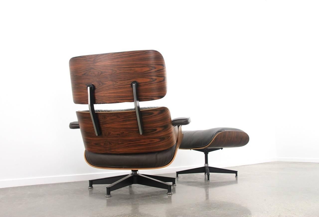 American Eames Lounge Chair and Ottoman in Rosewood and Brown Leather, 1970s