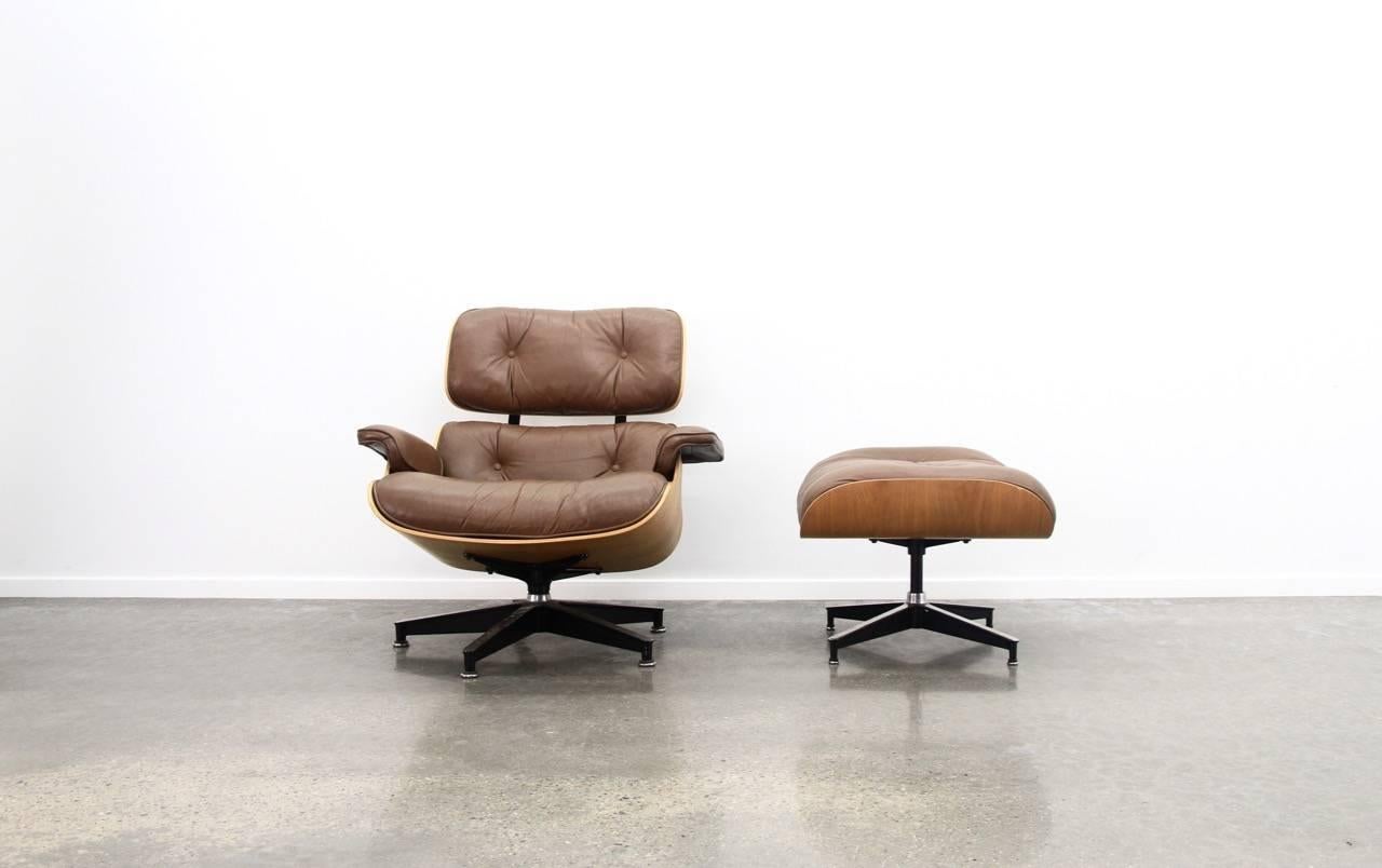 Metal Eames Lounge Chair and Ottoman in Walnut and Brown Leather, 1970s