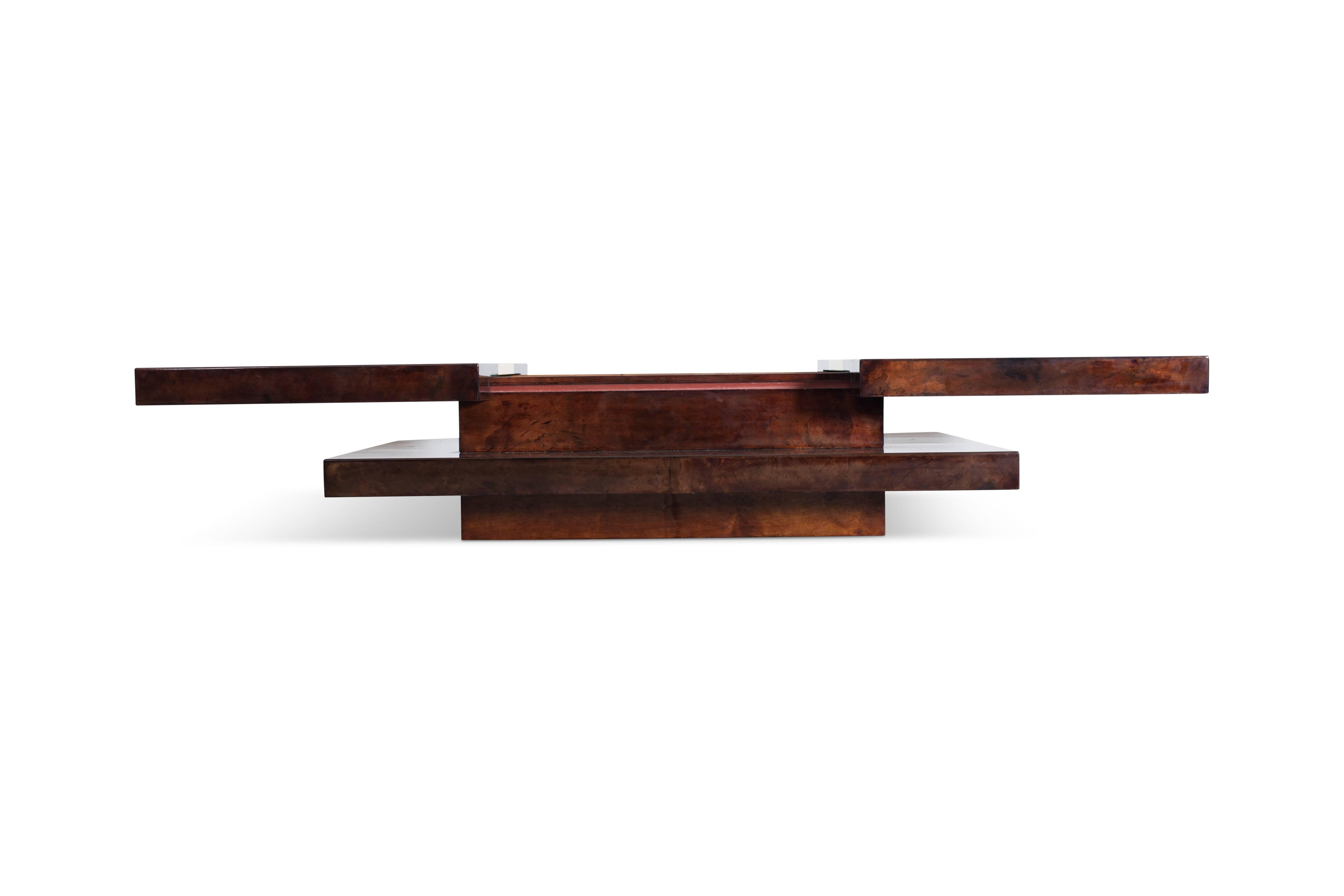 Mid-Century Modern Aldo Tura two tier sliding coffee table with hidden bar