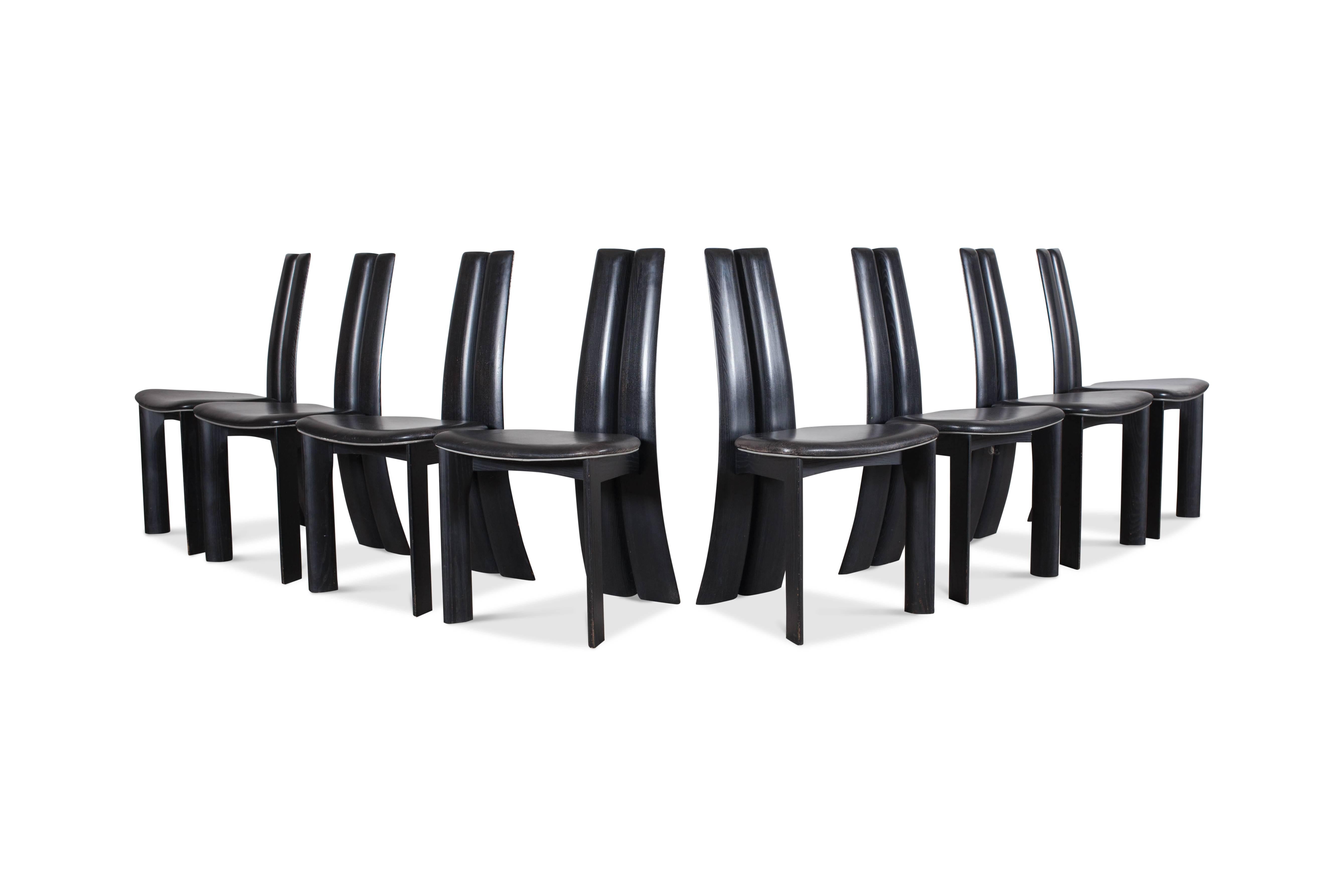 Belgian Mid-century modern sculptural ebonized dining chairs, set of eight