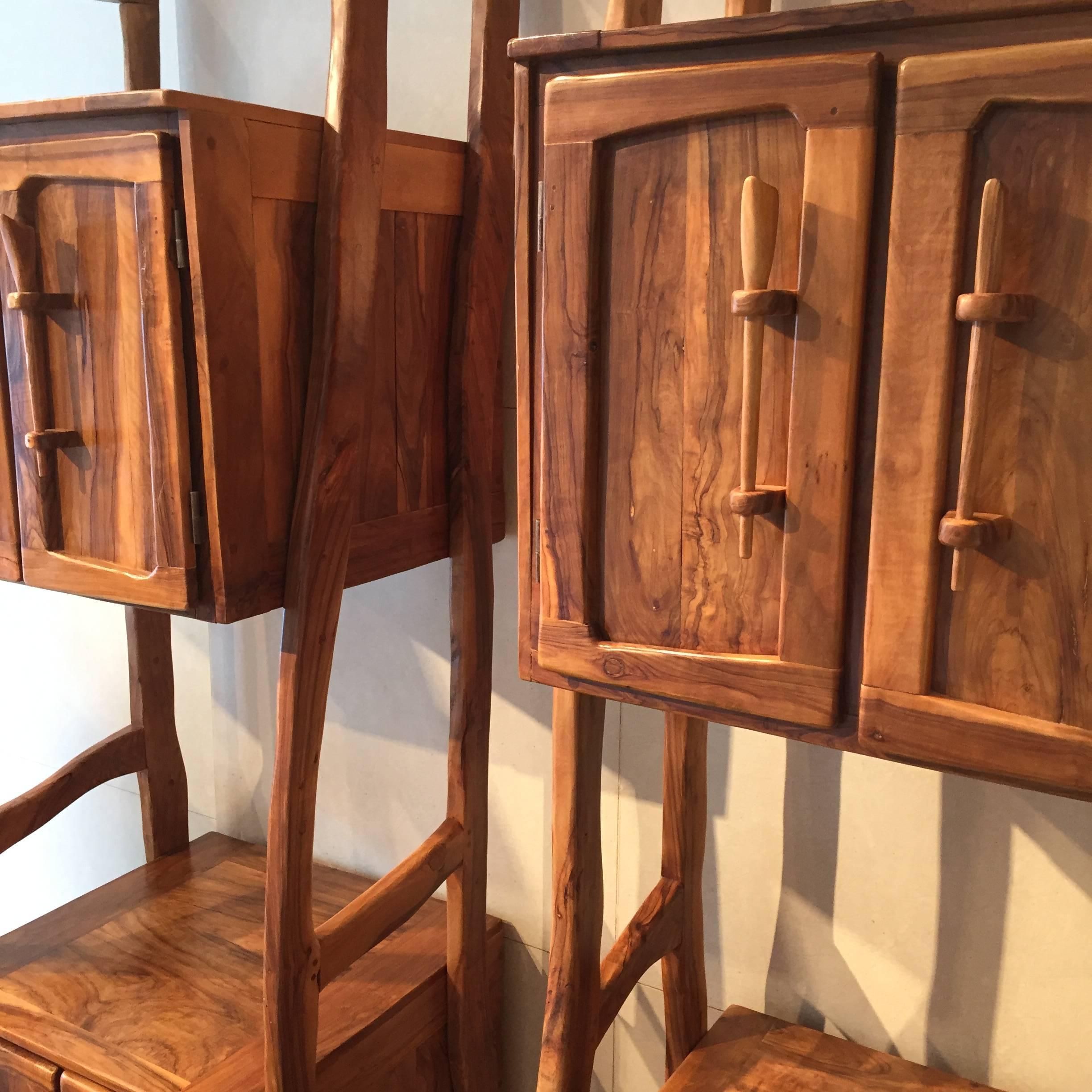 Italian Pair of Outstanding 1960s Solid Olive Wood Cabinets For Sale