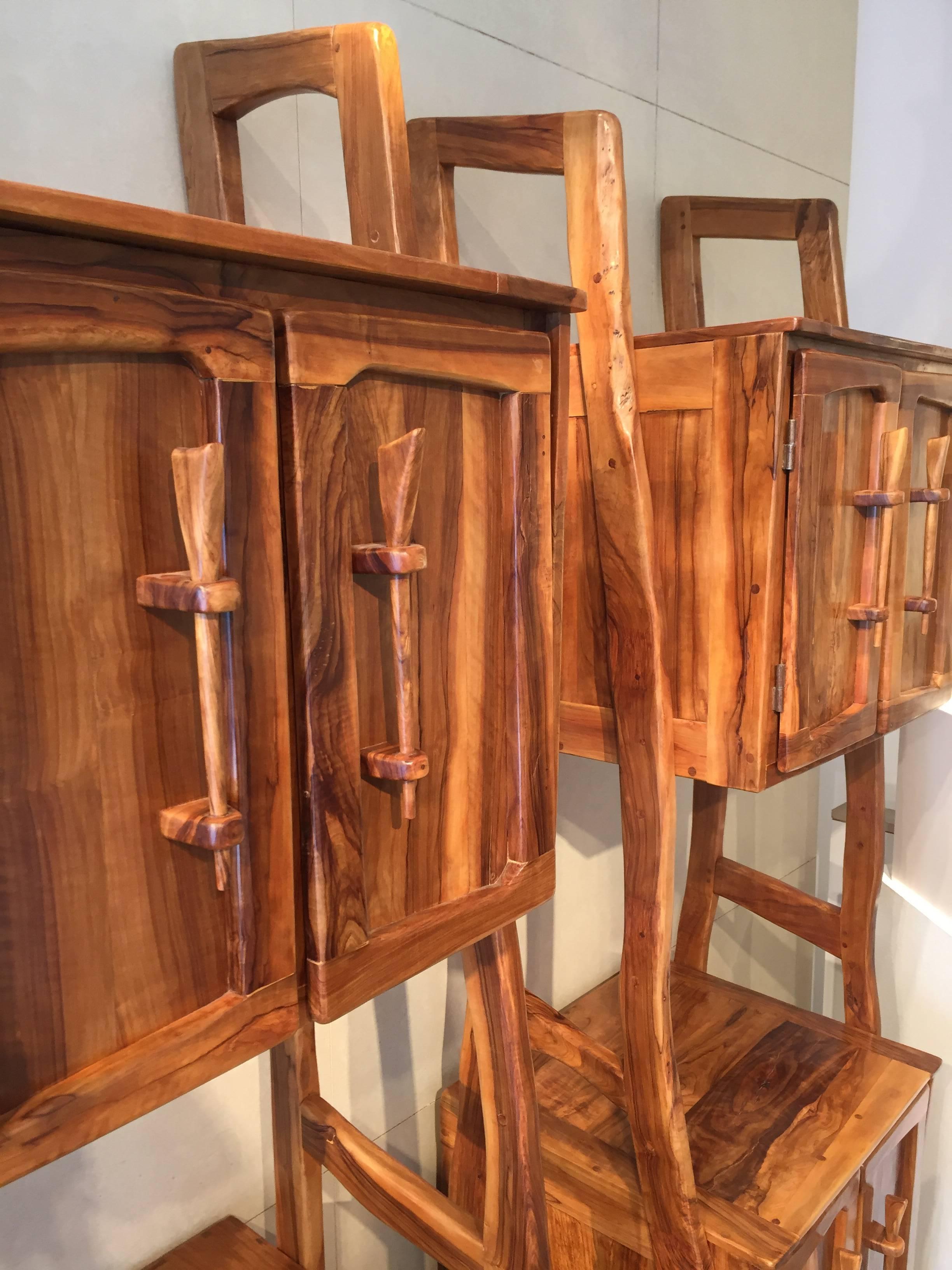 Carved Pair of Outstanding 1960s Solid Olive Wood Cabinets For Sale