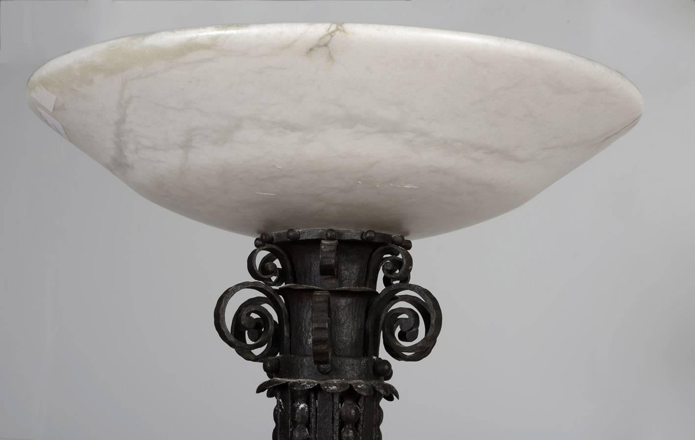 French 1930s Wrought Iron and Alabaster Floor Lamp For Sale