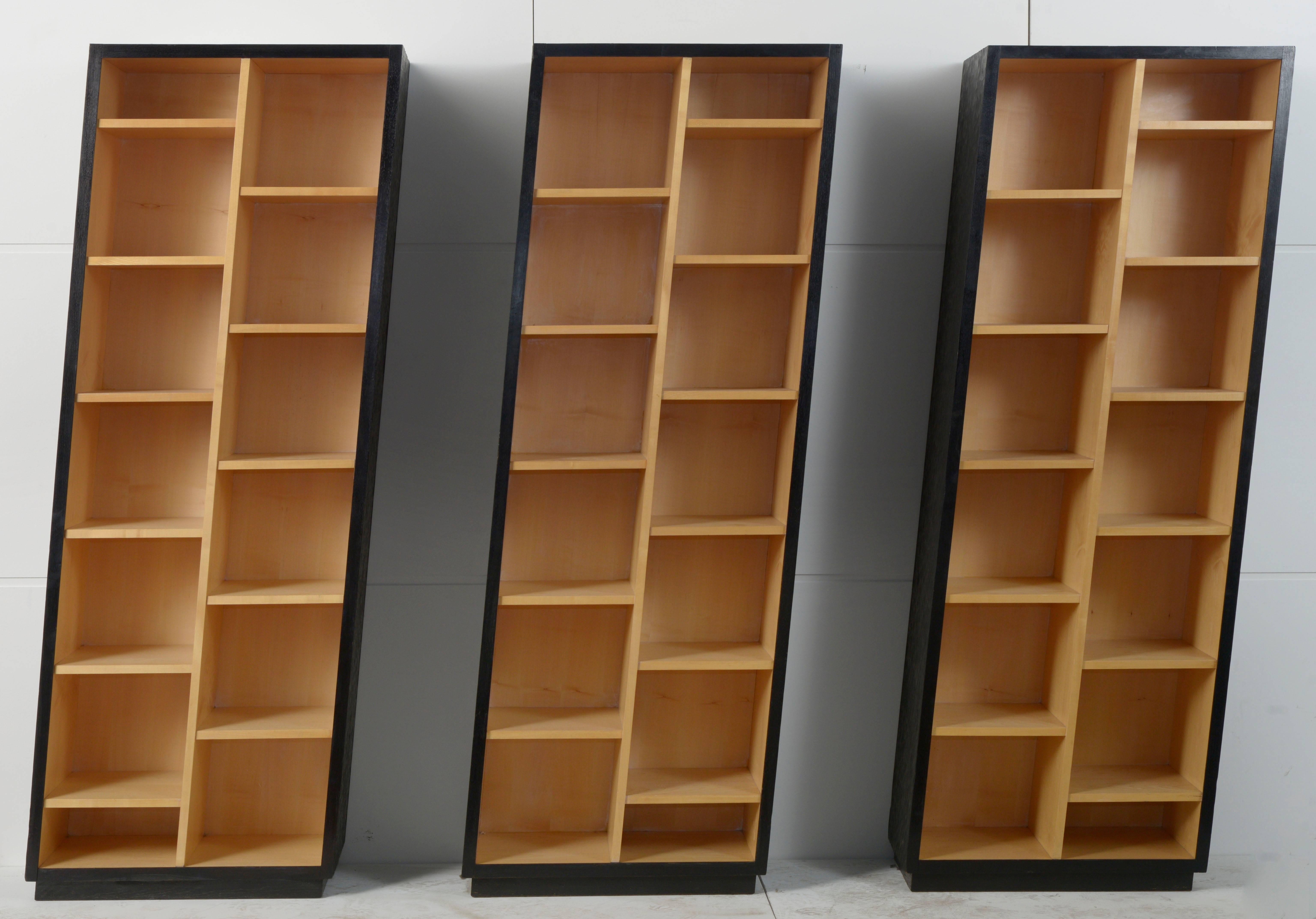 Set of three Christian de Portzamparc asymmetric bookcases.
Gouge planed oak
Maple
Measure: Each element 195 cm high by 70 cm wide and 40 cm deep.