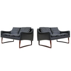 Pair of Rosewood and Leather Settees by Hans Olsen