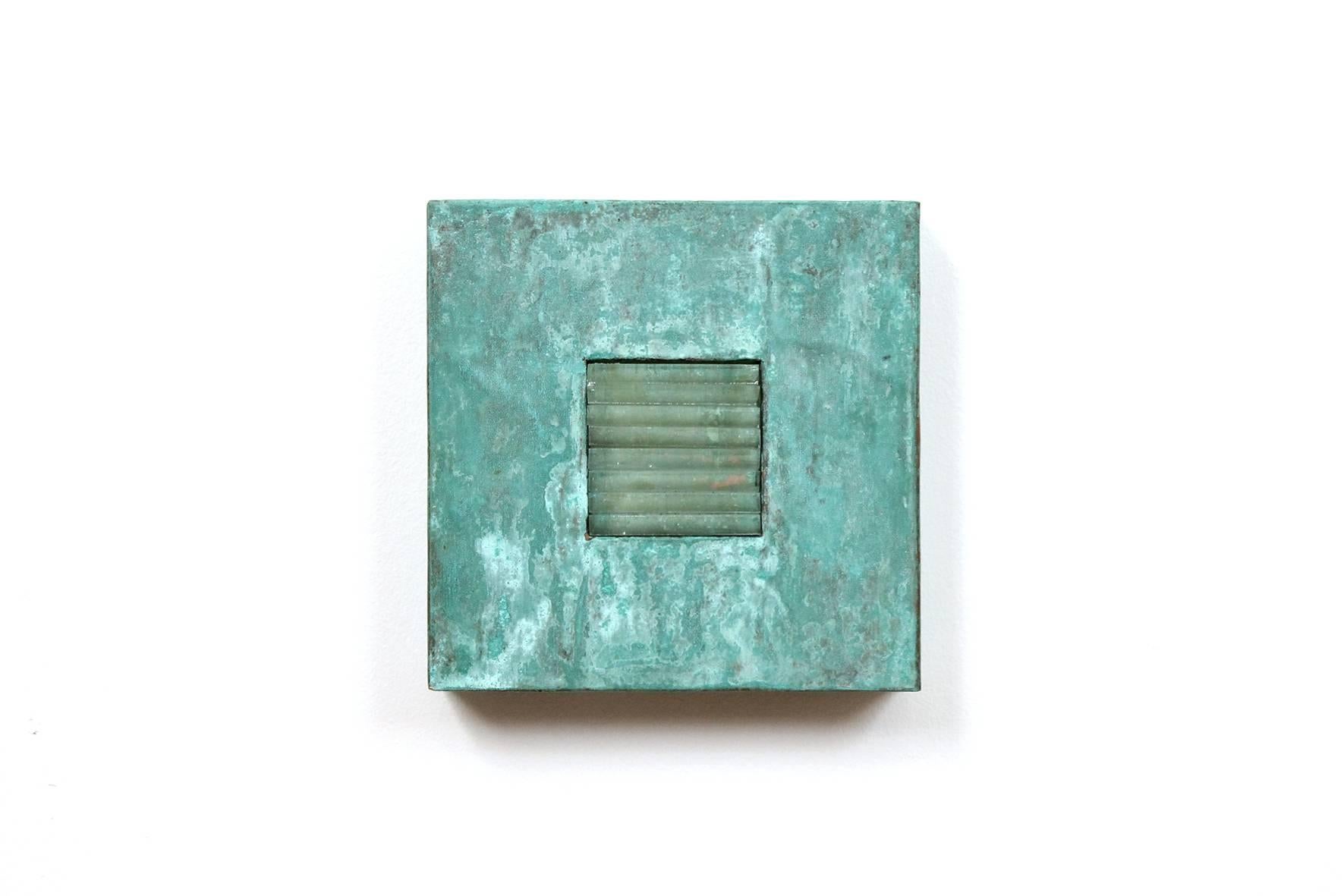 Two works: Inner green and glass patina by listed Argentinian artist Susana Jaime-Mena. Both signed Susana Jaime-Mena and dated 2000. Nohra Haime Gallery labels to the reverse of both. Inner Green consists of copper on cardboard, beeswax with copper
