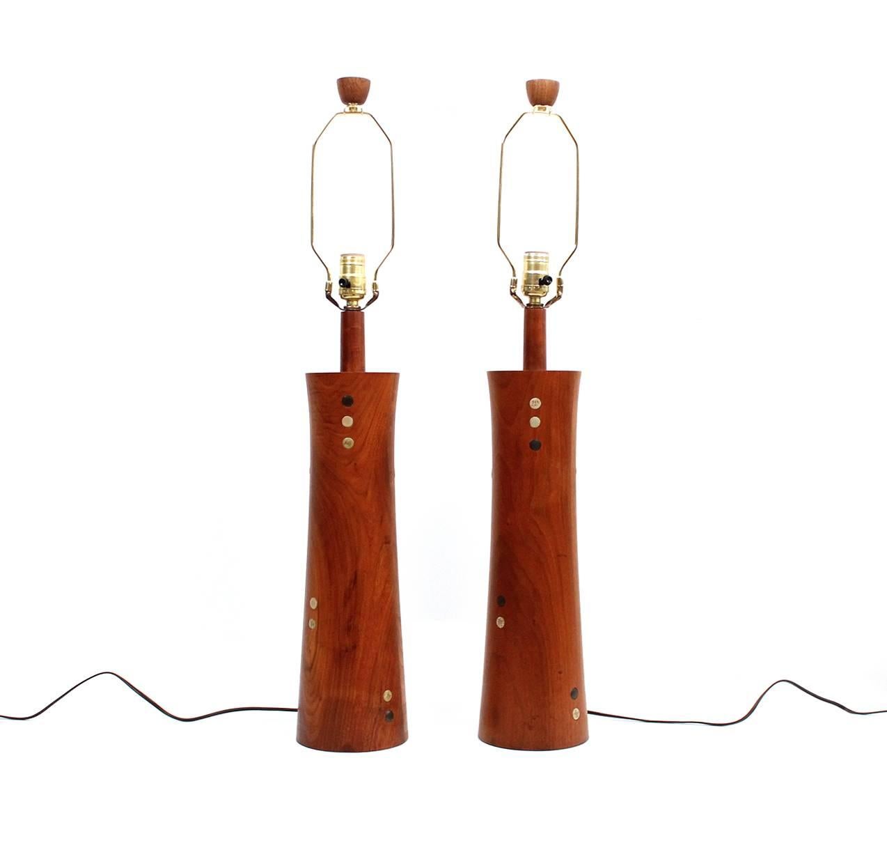 American Pair of Ceramic and Walnut Table Lamps by Martz