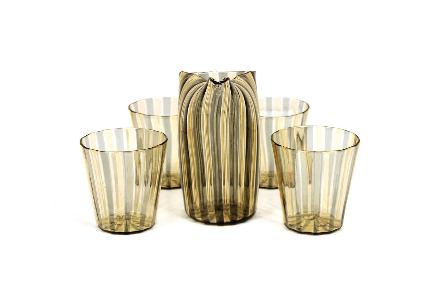 Mid-Century Modern Gio Ponti for Venini “A Canne” Glass Pitcher and Glasses