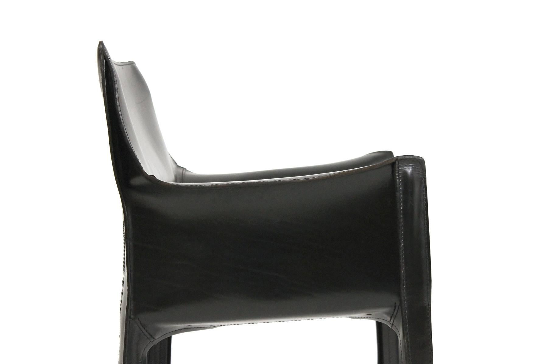 Steel Pair of Black Leather Cab Armchairs by Mario Bellini for Cassina