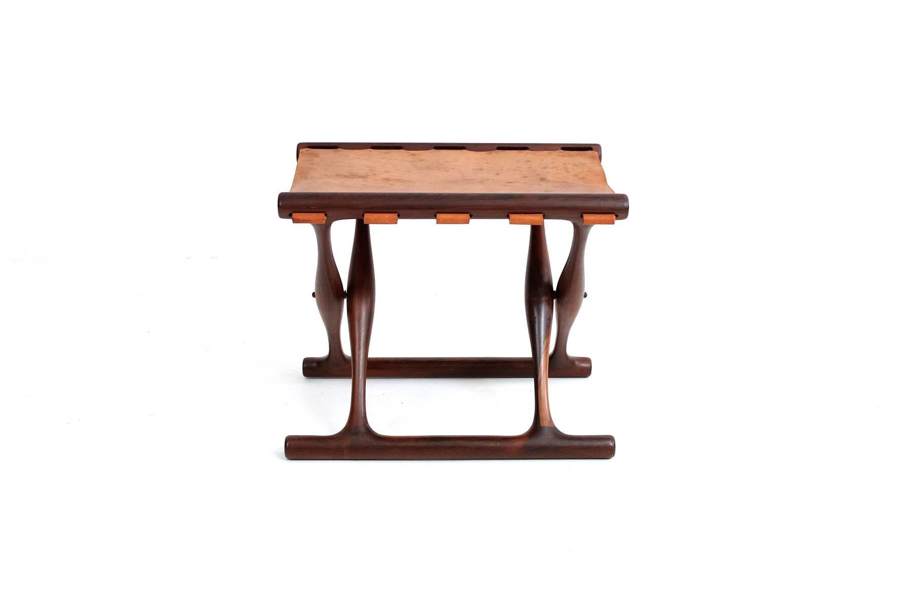 Poul Hundevad Rosewood Table and Folding Leather Stool In Excellent Condition In Waltham, MA