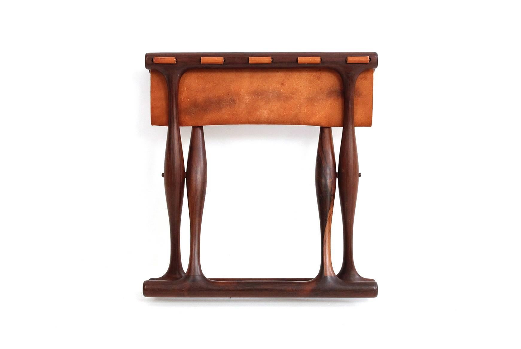 Mid-20th Century Poul Hundevad Rosewood Table and Folding Leather Stool