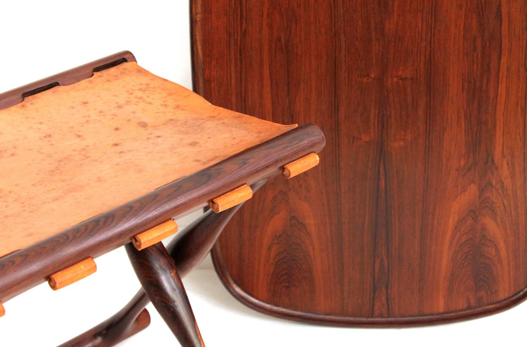 Poul Hundevad Rosewood Table and Folding Leather Stool 2