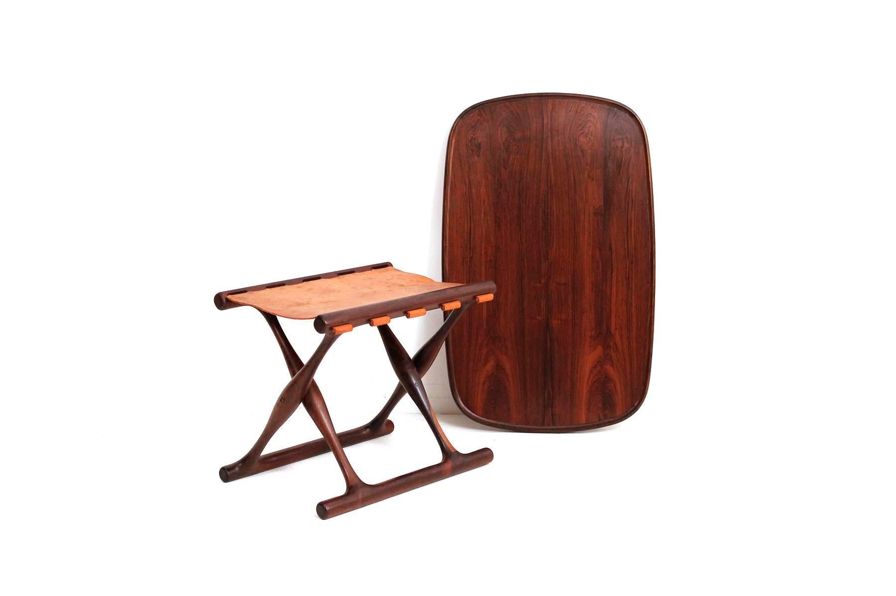 Danish Poul Hundevad Rosewood Table and Folding Leather Stool