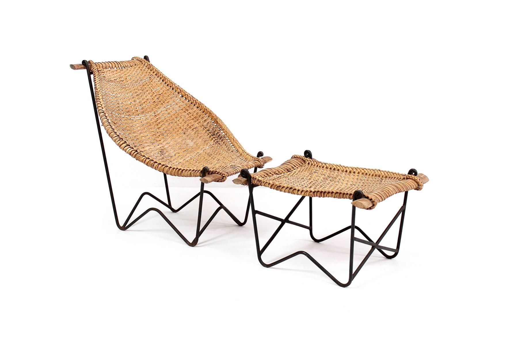 Pair of John Risley Rattan “Duyan” Lounge Chairs and Ottoman In Excellent Condition In Waltham, MA