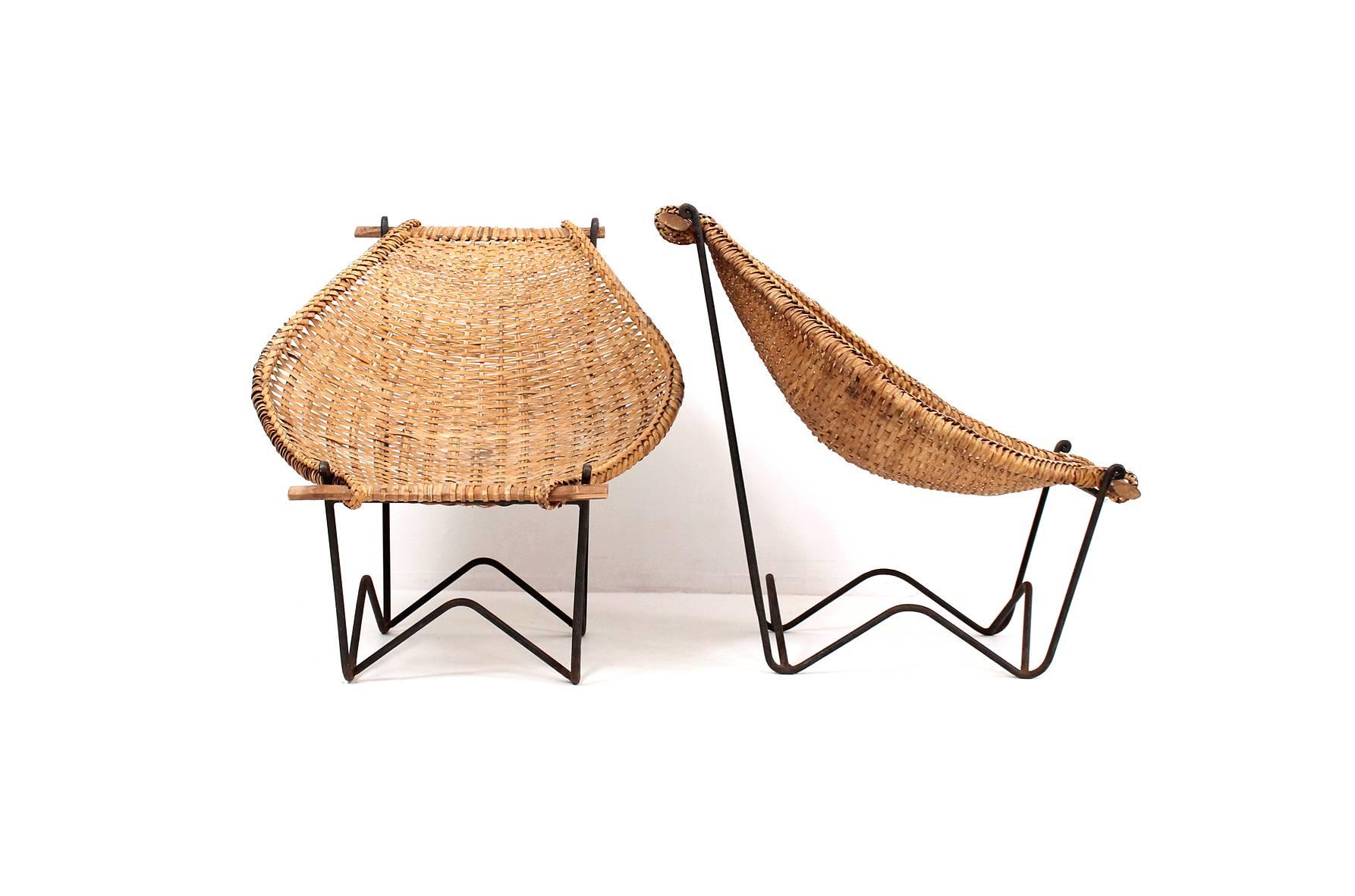 Mid-Century Modern Pair of John Risley Rattan “Duyan” Lounge Chairs and Ottoman
