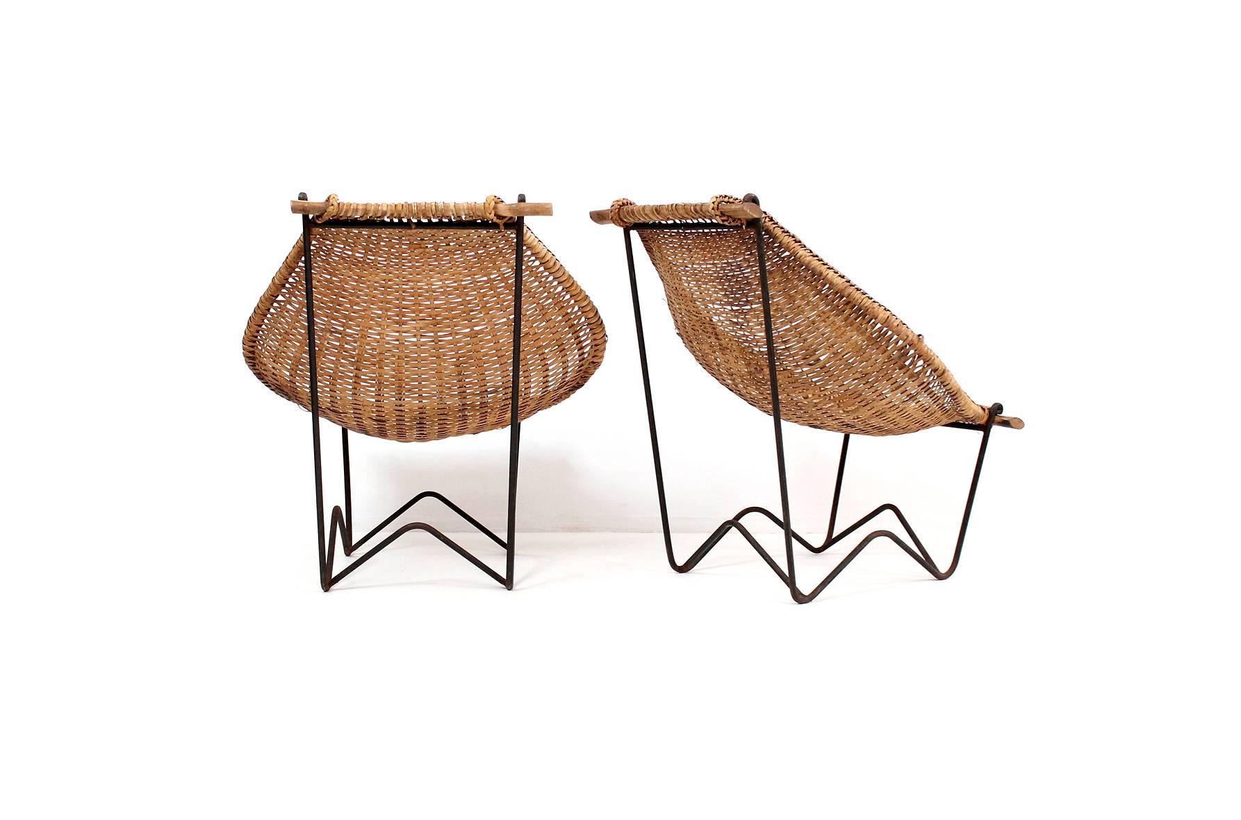 American Pair of John Risley Rattan “Duyan” Lounge Chairs and Ottoman